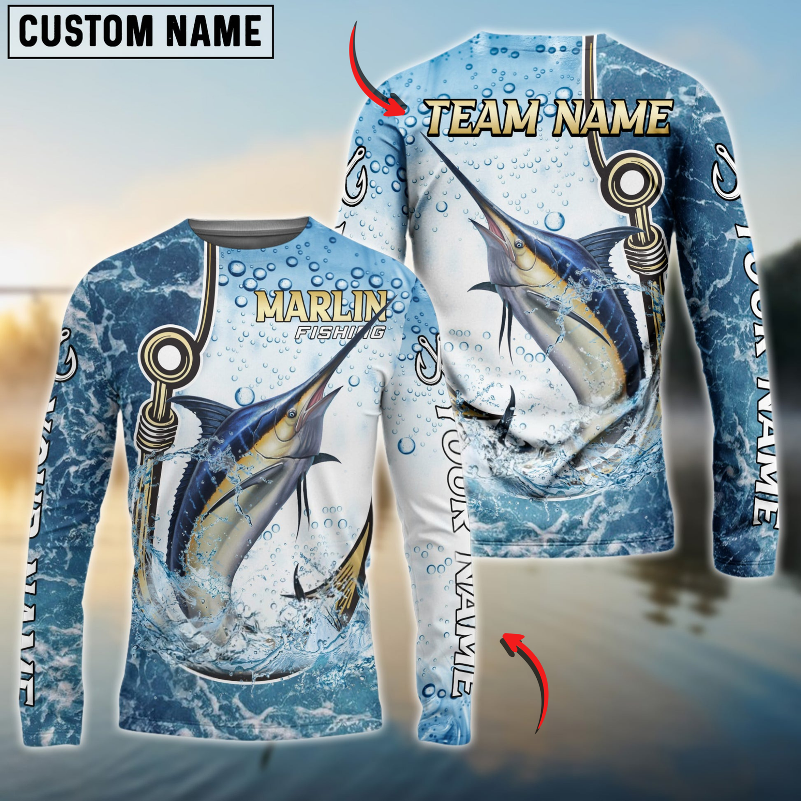 Blisscorners Marlin Fishing Golden Hook Graphic Sport Custom Name & Team Name 3D Shirts