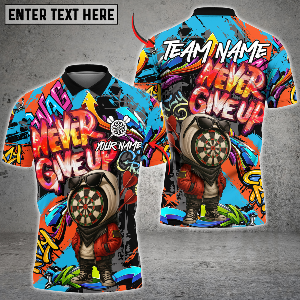 Blisscorners Darts Graffiti Dartboard Character Never Give Up Multicolor Customized Name, Team Name 3D Shirts