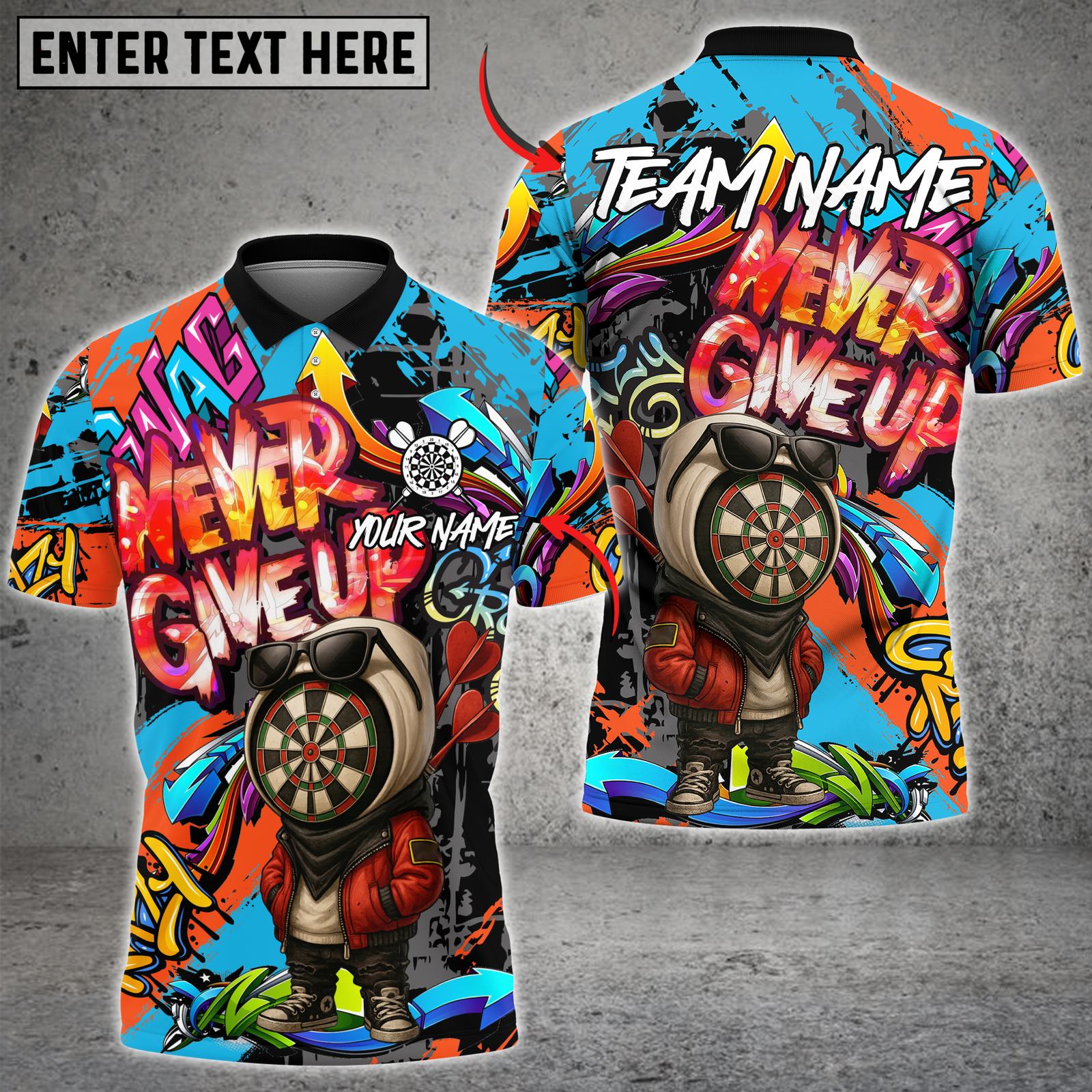 Blisscorners Darts Graffiti Dartboard Character Never Give Up Multicolor Customized Name, Team Name 3D Shirts