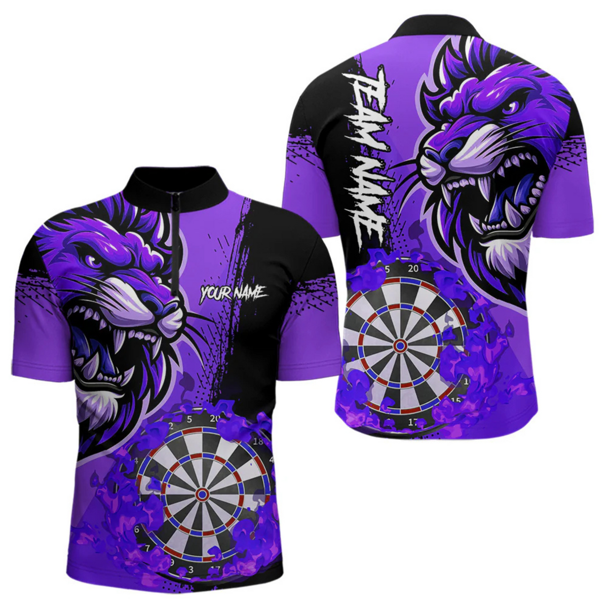 Blisscorners Purple Funny Darts Flame Lion Custom Polo & Quarter-Zip, Personalized Men Dart Shirts Dart Jerseys LM0705