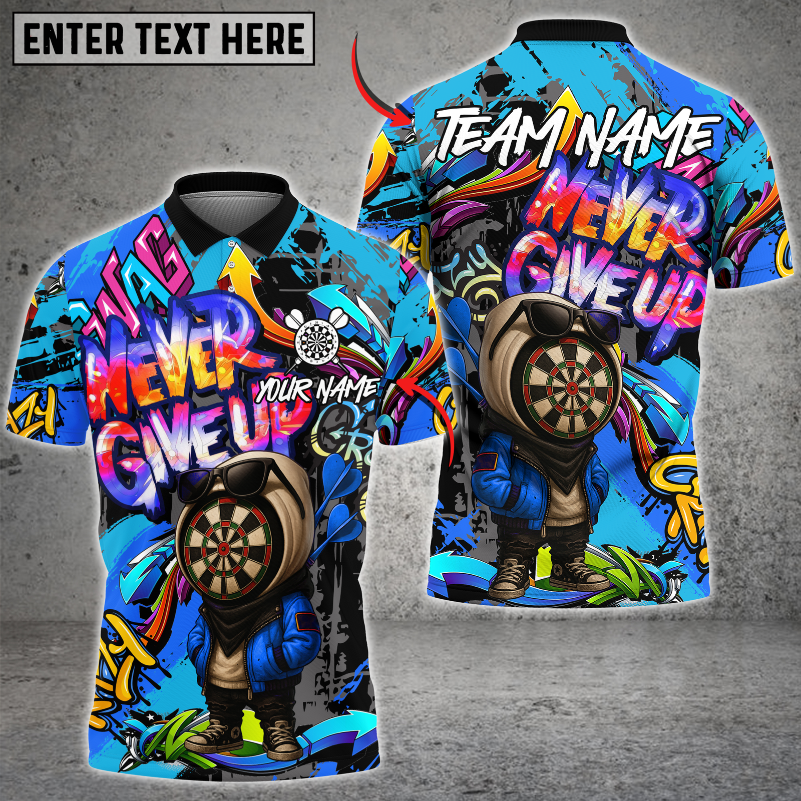 Blisscorners Darts Graffiti Dartboard Character Never Give Up Multicolor Customized Name, Team Name 3D Shirts