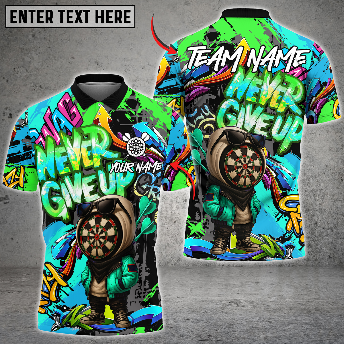 Blisscorners Darts Graffiti Dartboard Character Never Give Up Multicolor Customized Name, Team Name 3D Shirts