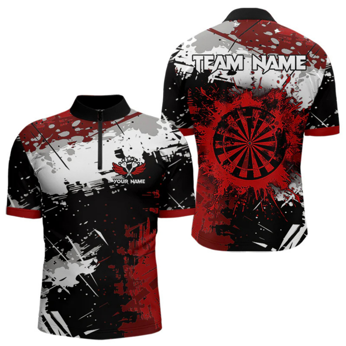 Blisscorners Red Grunge Paint Splash Dart Polo & Quarter Zip Custom Dart Shirts For Men Darts Team Jerseys LM064