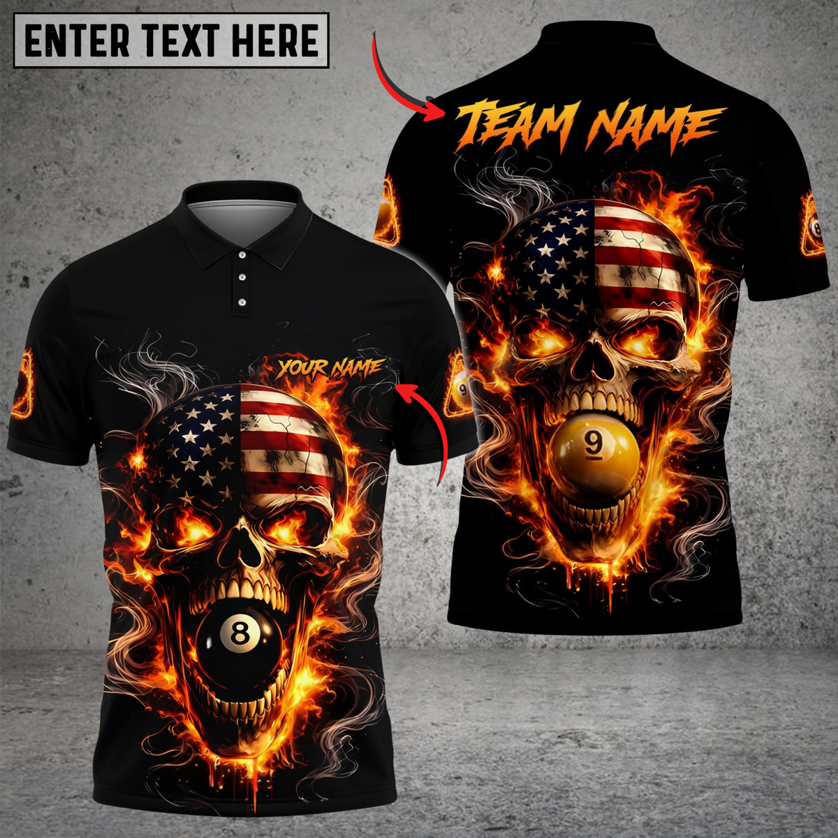 Blisscorners Billiards 8 Ball 9 Ball Flame American Flag Skull Customized Name, Team Name 3D Shirt (4 Colors)