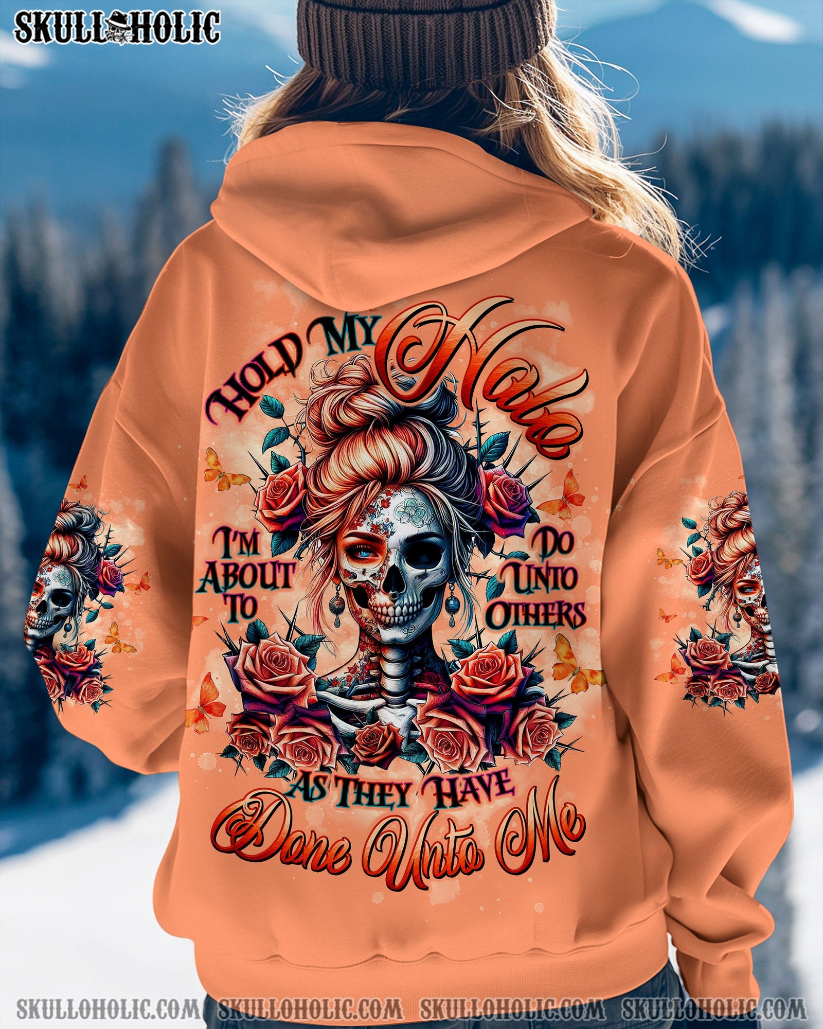 BLISSCORNERS HOLD MY HALO SKULL MESSY BUN ALL OVER PRINT