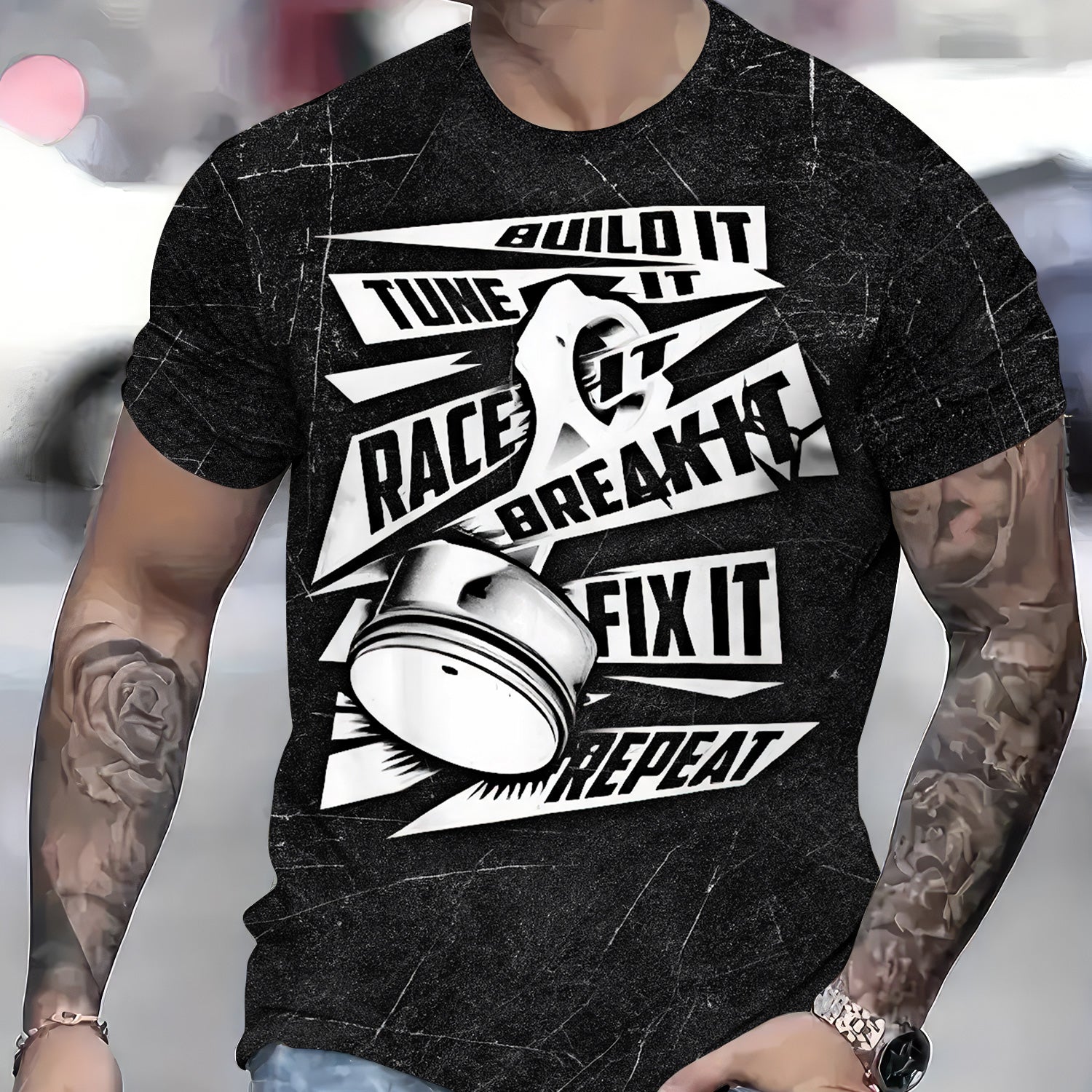 Blisscorners Funny Car Racing T Shirt Build It Tune It Race It Break It Fix It Repeat Piston Auto Repair Tee Mechanic Garage Workwear Gift for Men