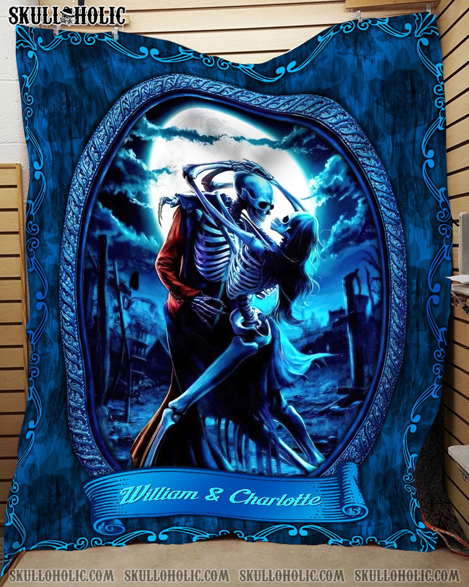 BLISSCORNERS PERSONALIZED SKULL COUPLE DANCING UNDER MOON FLEECE BLANKET