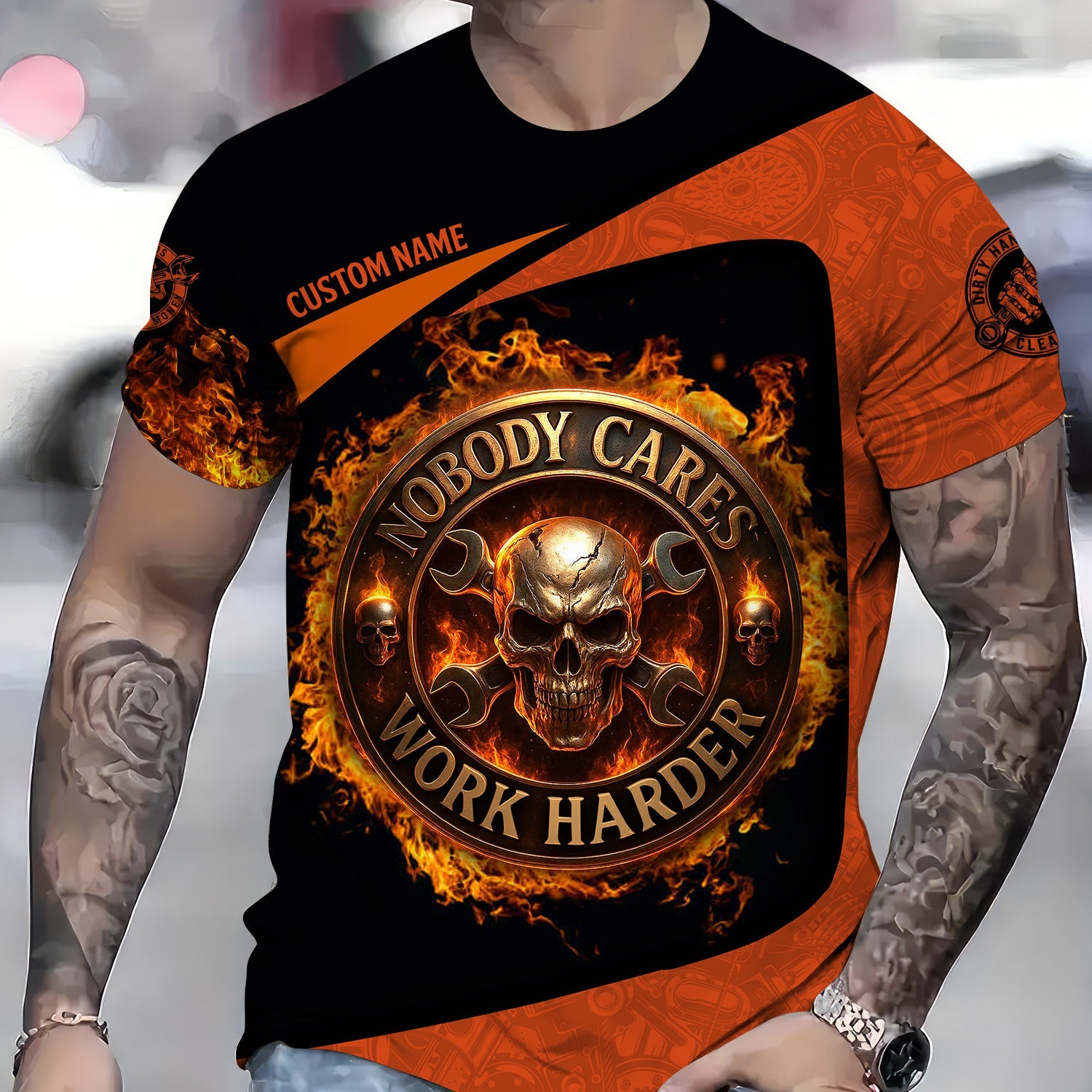 Blisscorners Personalized Mechanic Shirt, Nobody Cares Work Harder, Flame Skull Design, Gift For Men