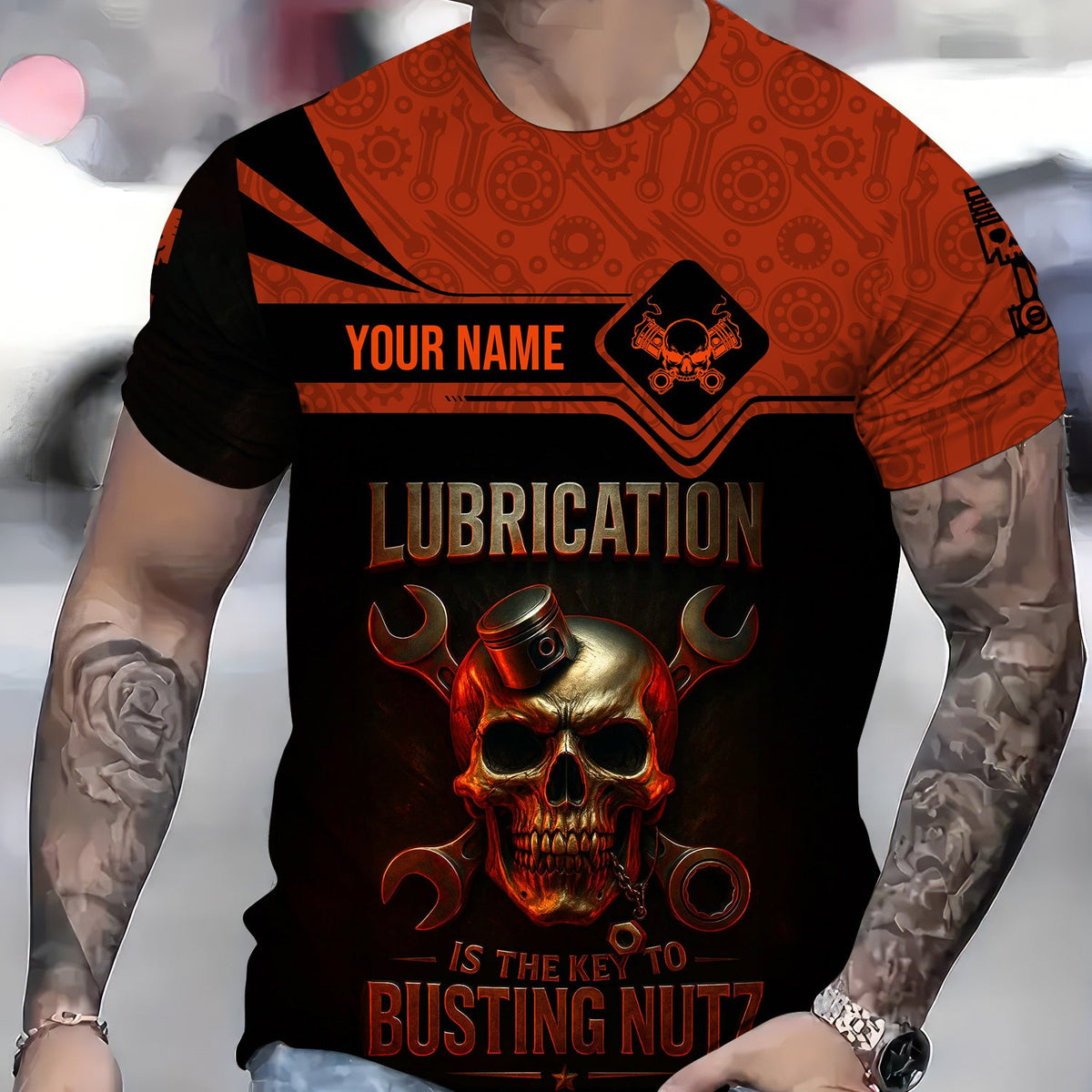 Blisscorners Personalized Mechanic Shirt, Lubrication Is The Key To Busting Nutz, Skull and Wrenches Design, Gift For Men