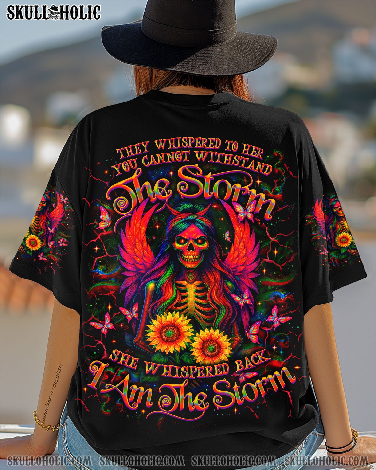 BLISSCORNERS I AM THE STORM SKELETON WINGS SUNFLOWER ALL OVER PRINT