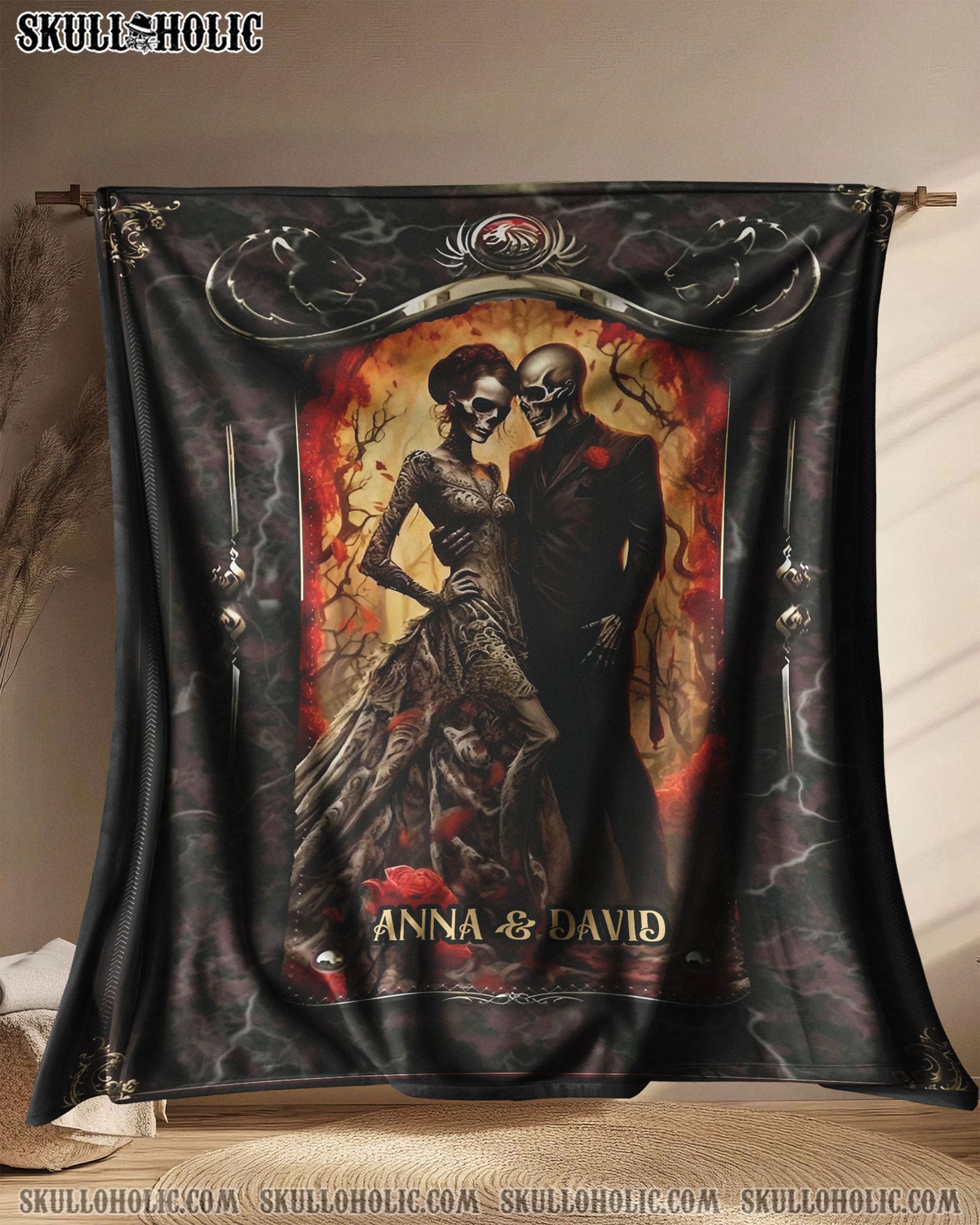 BLISSCORNERS PERSONALIZED SKULL COUPLE FLEECE BLANKET