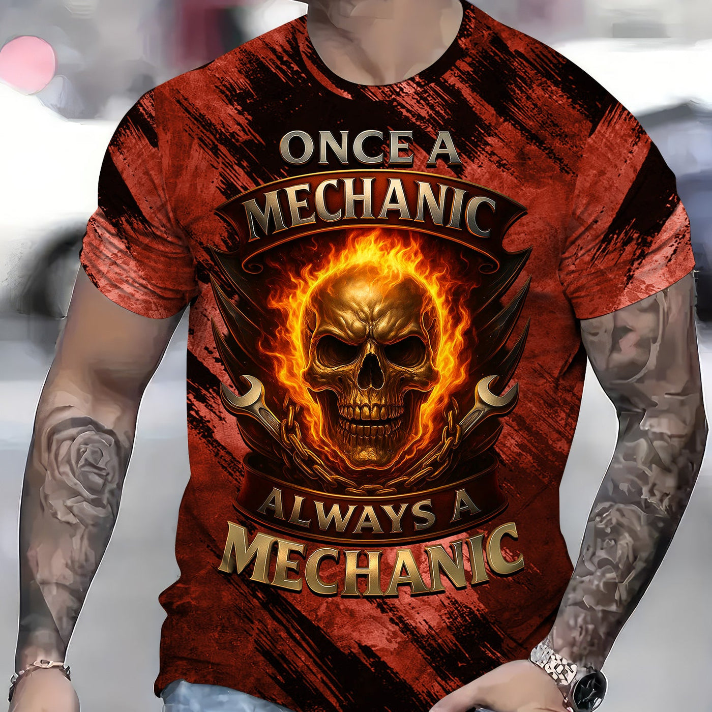 Blisscorners Once A Mechanic Always A Mechanic Shirt Funny Printed Vintage Mechanic Unisex T Shirt Flame Skull Design Design
