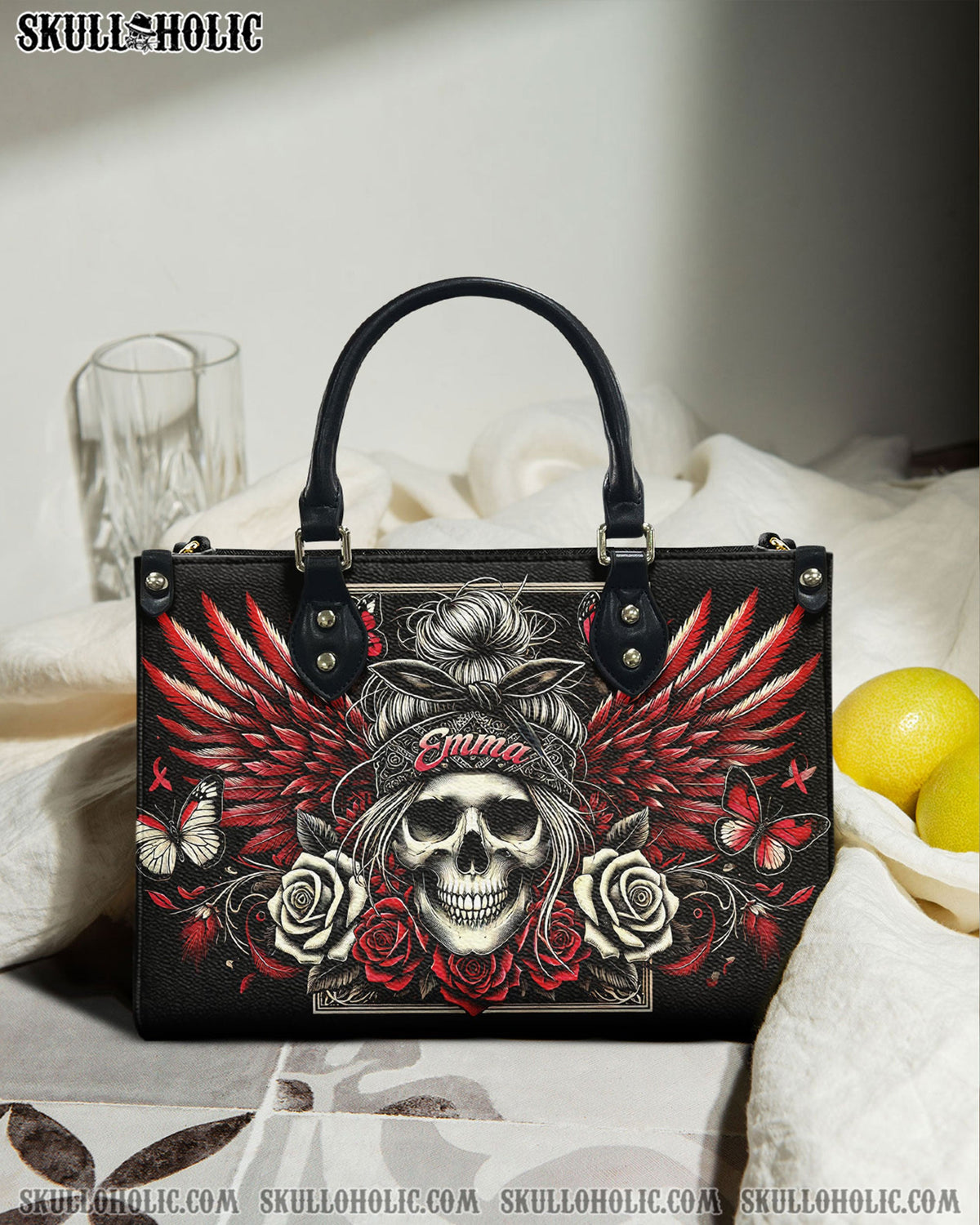 BLISSCORNERS PERSONALIZED SKULL MESSY BUN WITH WINGS LEATHER HANDBAG