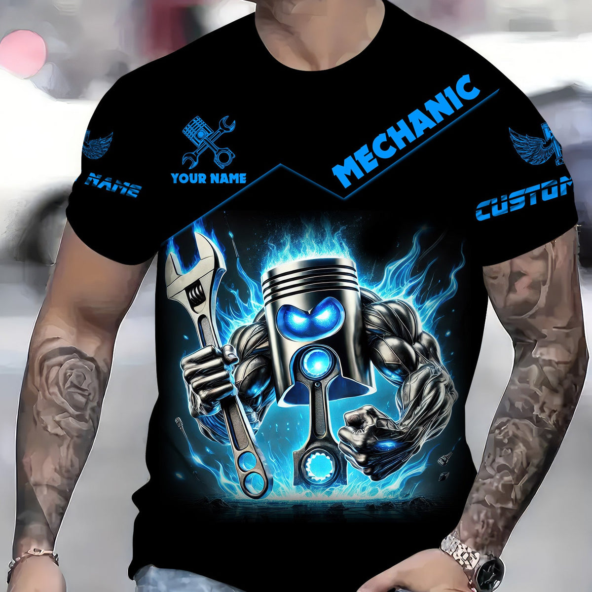 Blisscorners Custom Name Mechanic Shirt Blue Flame Muscle Engine Piston Holding Wrench T Shirt