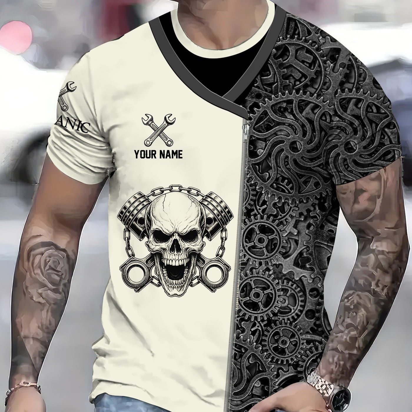 Blisscorners Custom Name Mechanic Shirt Skull with Engine Piston Design Gear Pattern T Shirt All Over Printed