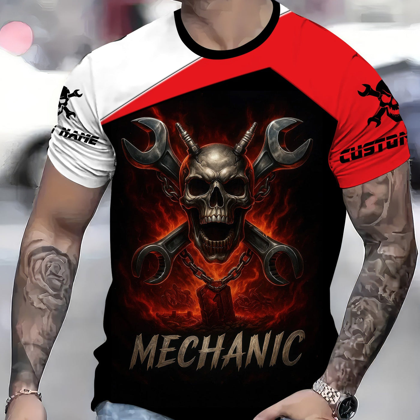 Blisscorners Custom Name Mechanic Shirt Wrench Flame Skull Design T Shirt