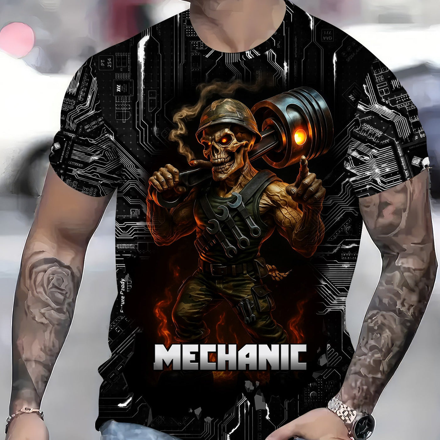 Blisscorners Mechanic Shirt Soldier Skull Holding Giant Engine Piston Design T Shirt All Over Printed