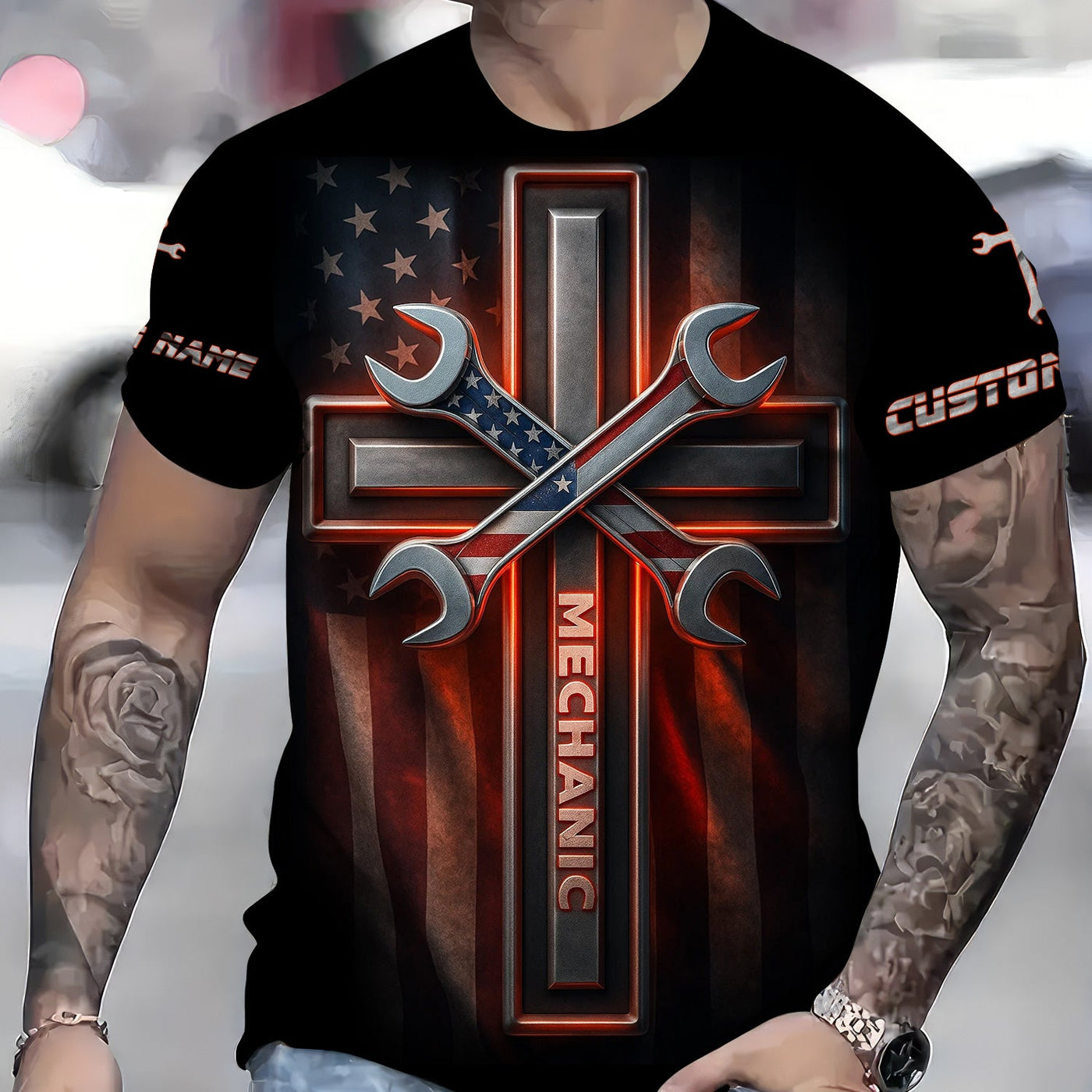 Blisscorners Custom Name Mechanic Shirt Wrench The Cross with USA Flag Design T Shirt