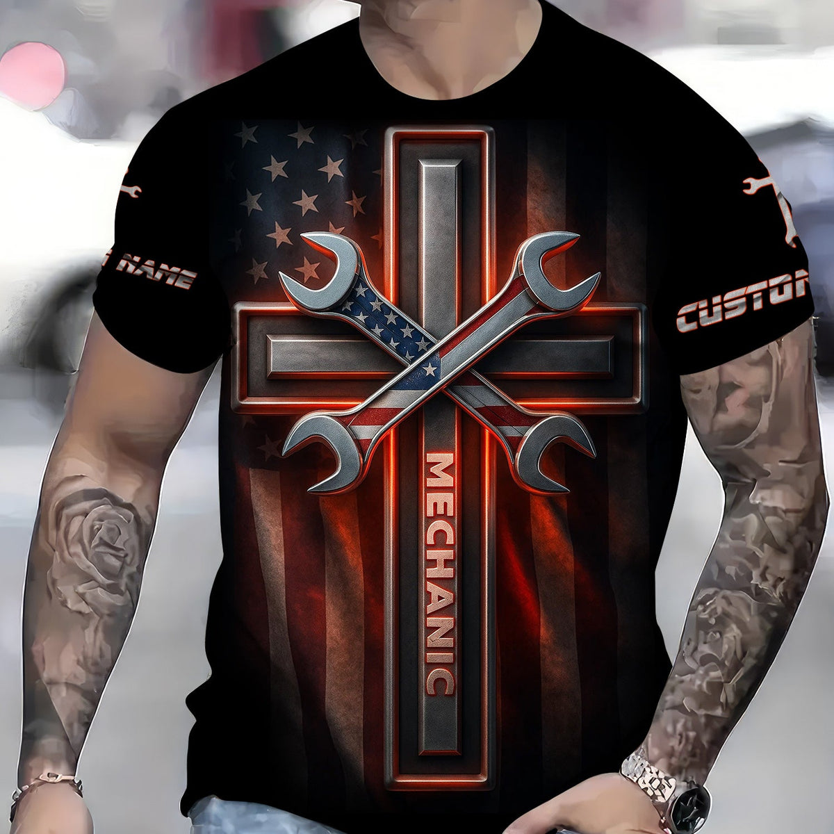 Blisscorners Custom Name Mechanic Shirt Wrench The Cross with USA Flag Design T Shirt