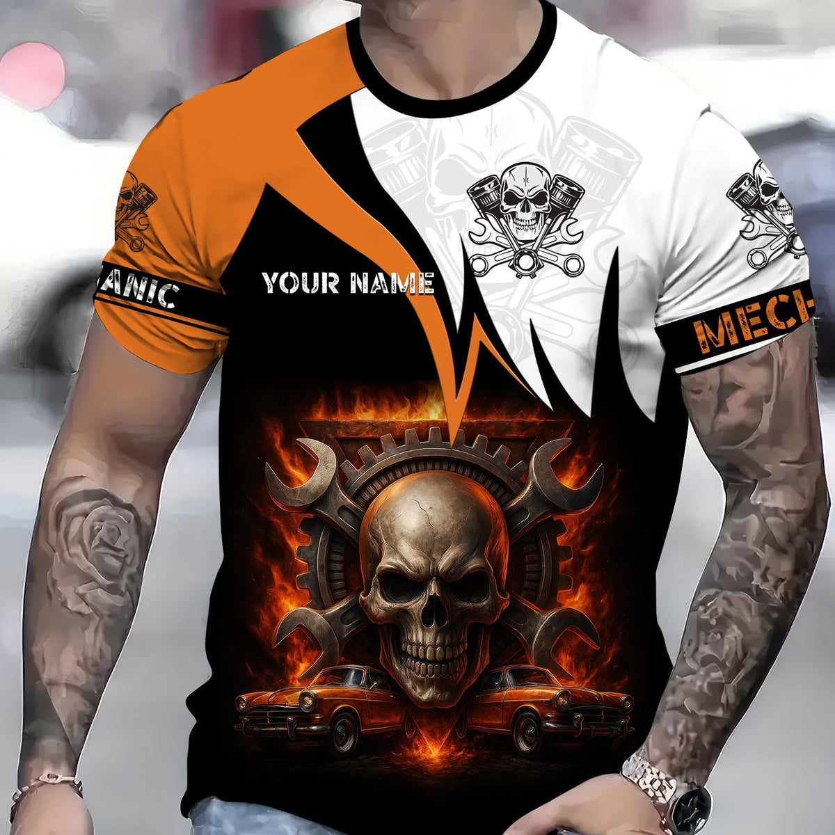 Blisscorners Custom Name Mechanic Shirt Flame Skull Wrench Gear Vintage Car Design T Shirt