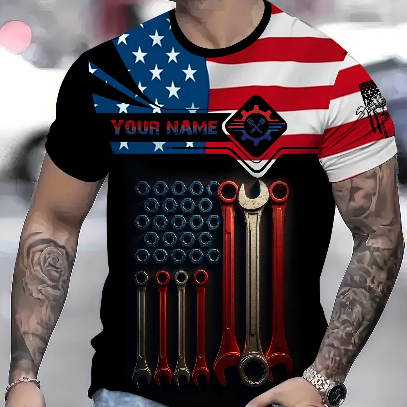 Blisscorners Custom Name Mechanic Shirt Wrenches with American Flag Design T Shirt