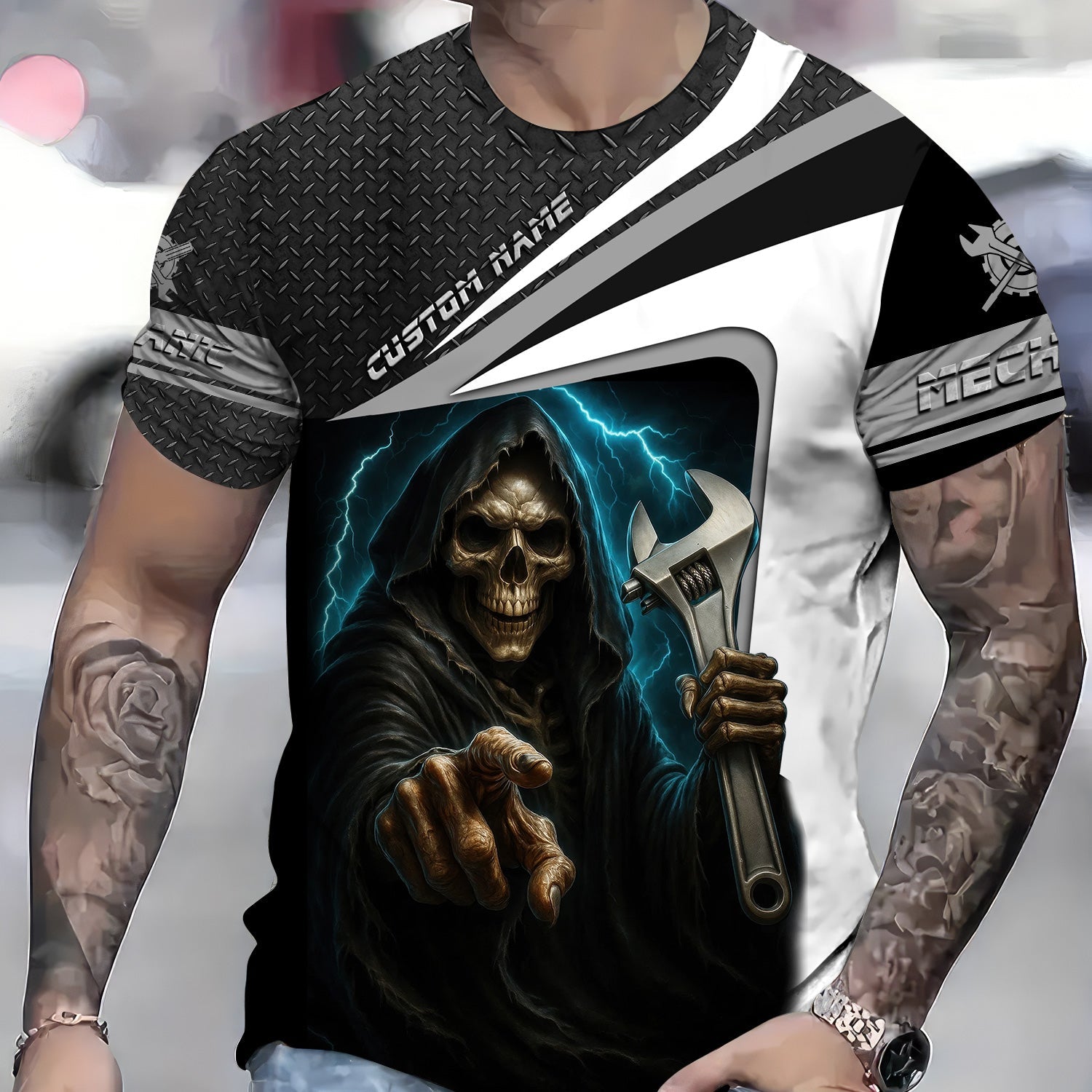 Blisscorners Custom Name Mechanic Shirt Grim Reaper Holding Wrench with Thunder Design T Shirt
