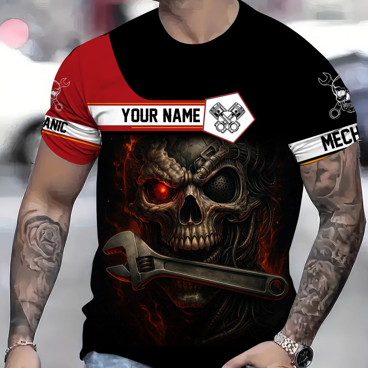 Blisscorners Custom Name Mechanic Shirt Cyber Skull with Wrench Design T Shirt