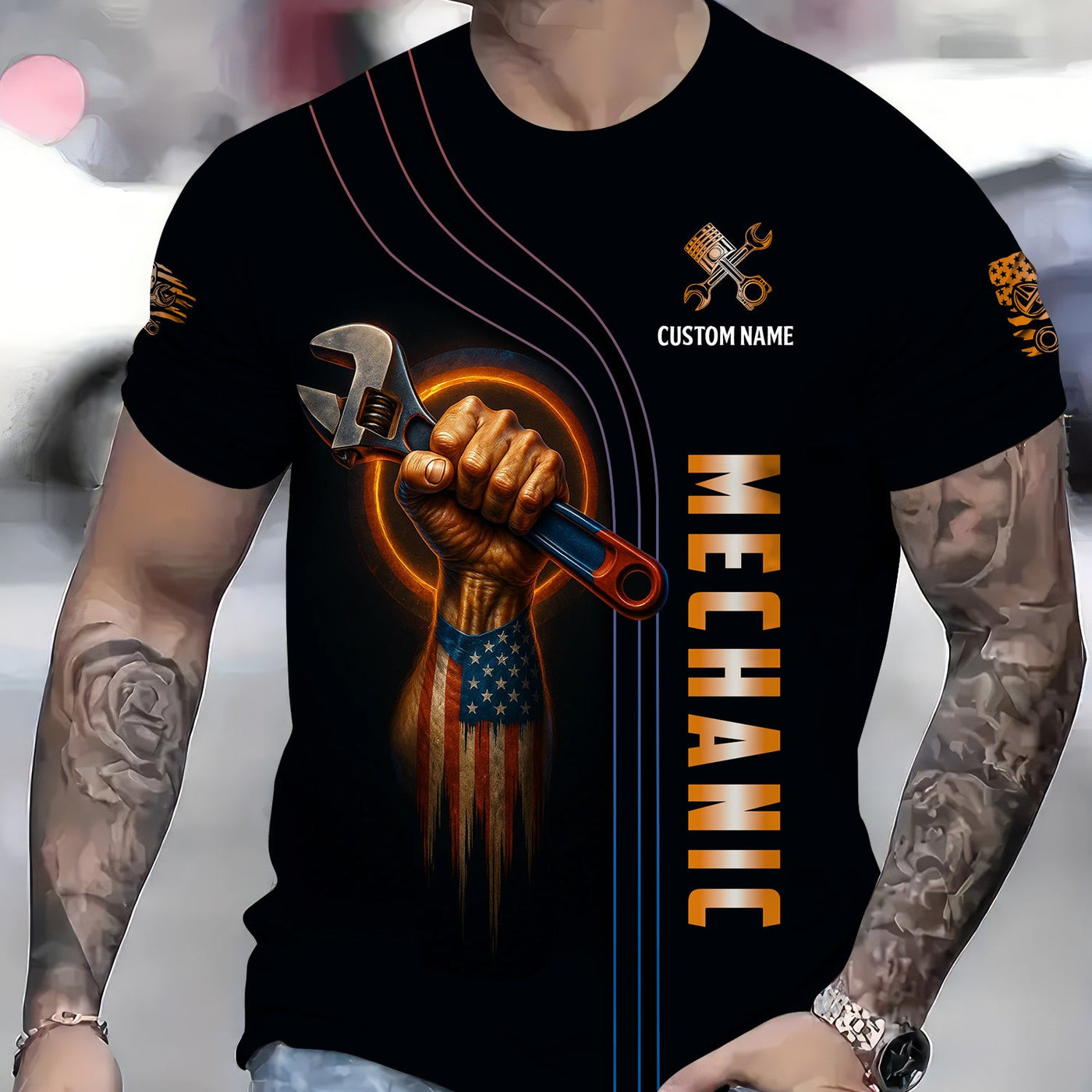 Blisscorners Personalized Mechanic Shirt, I'm An American Mechanic, USA Flag Skull Design, Gift For Men
