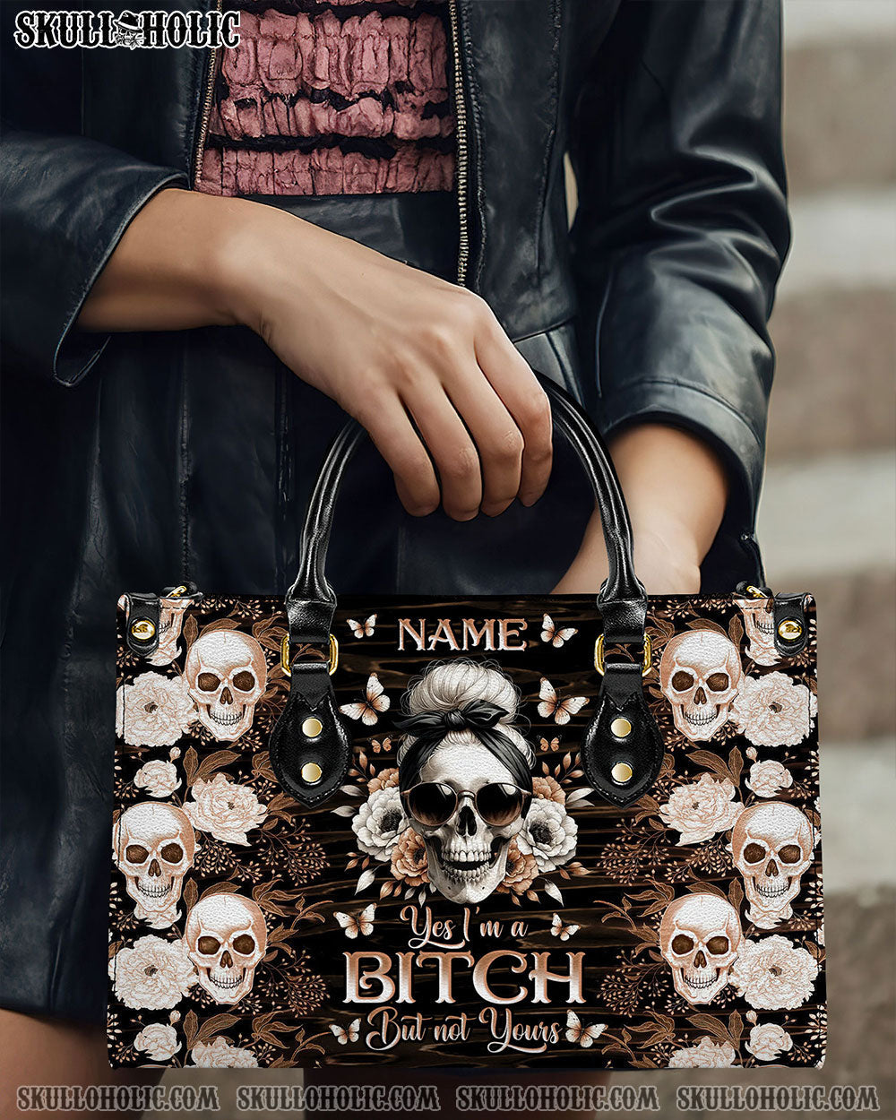 BLISSCORNERS YES I'M A B BUT NOT YOURS MESSY BUN SKULL LEATHER HANDBAG