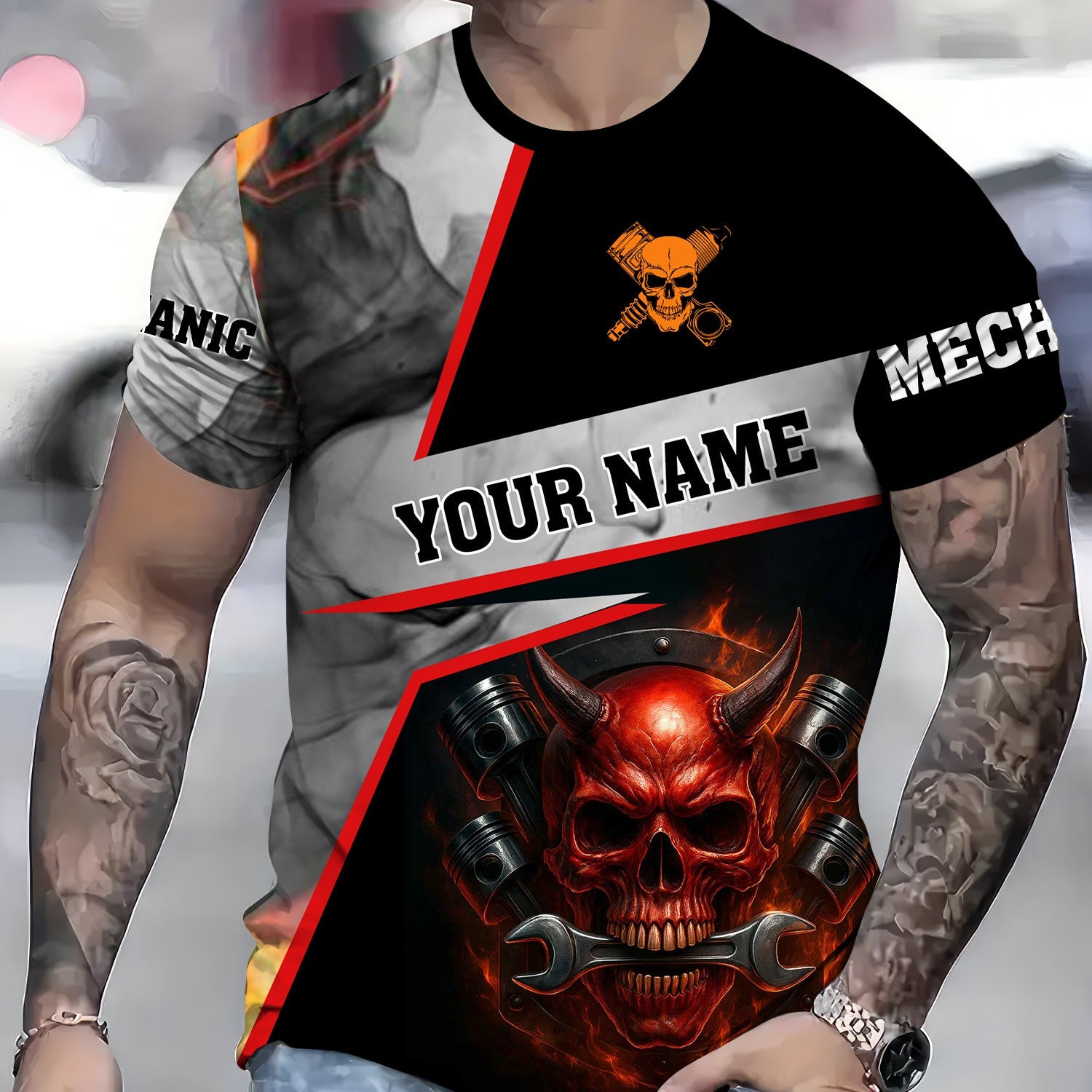 Blisscorners Custom Name Funny Mechanic Shirt Vintage Devil With Wrench Printed Mechanic T Shirt