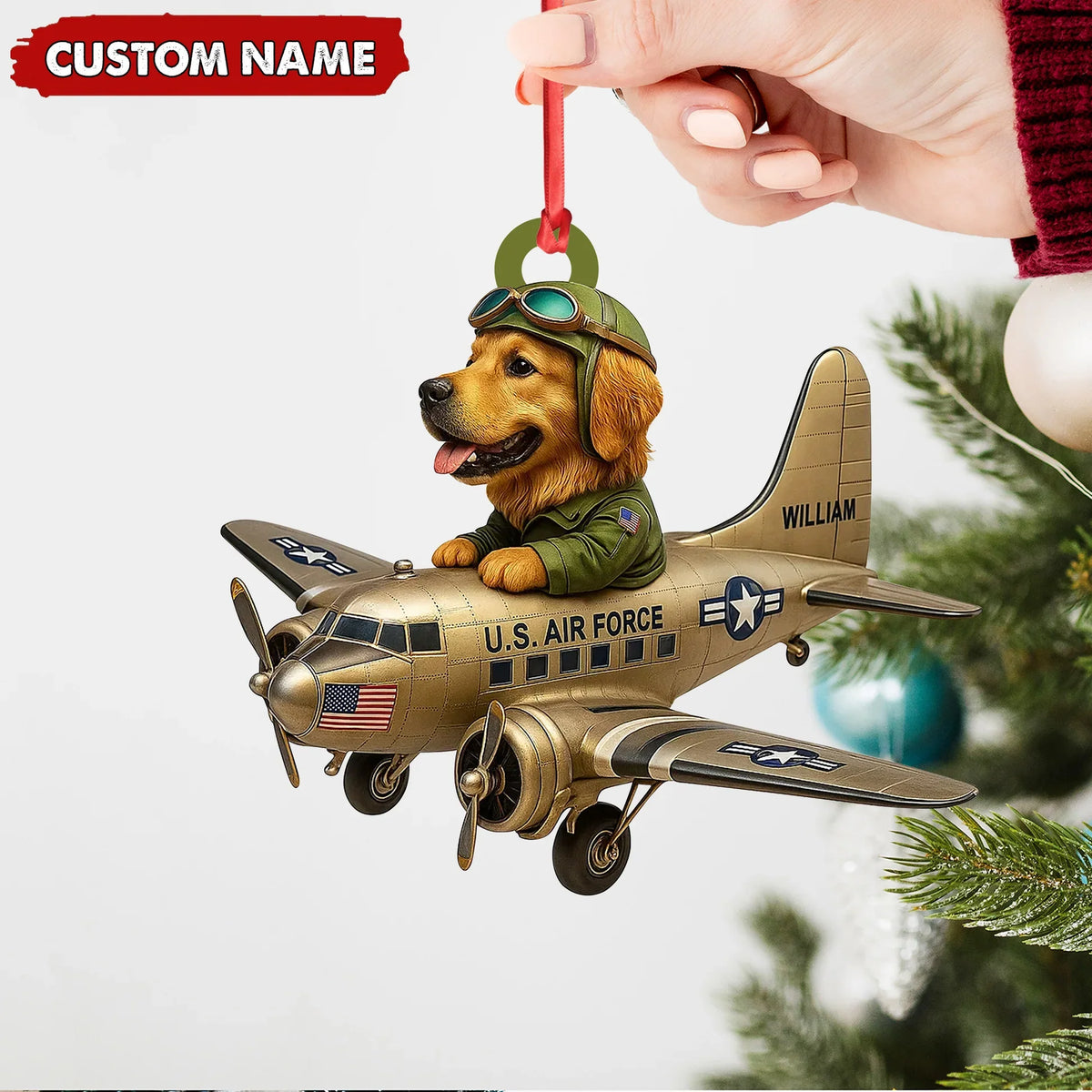 Blisscorners Personalized Dog Pilot Christmas Ornament And Keychain, Custom Name U.S. Air Force Airplane, Military Dog Lover Tree Decor Gift