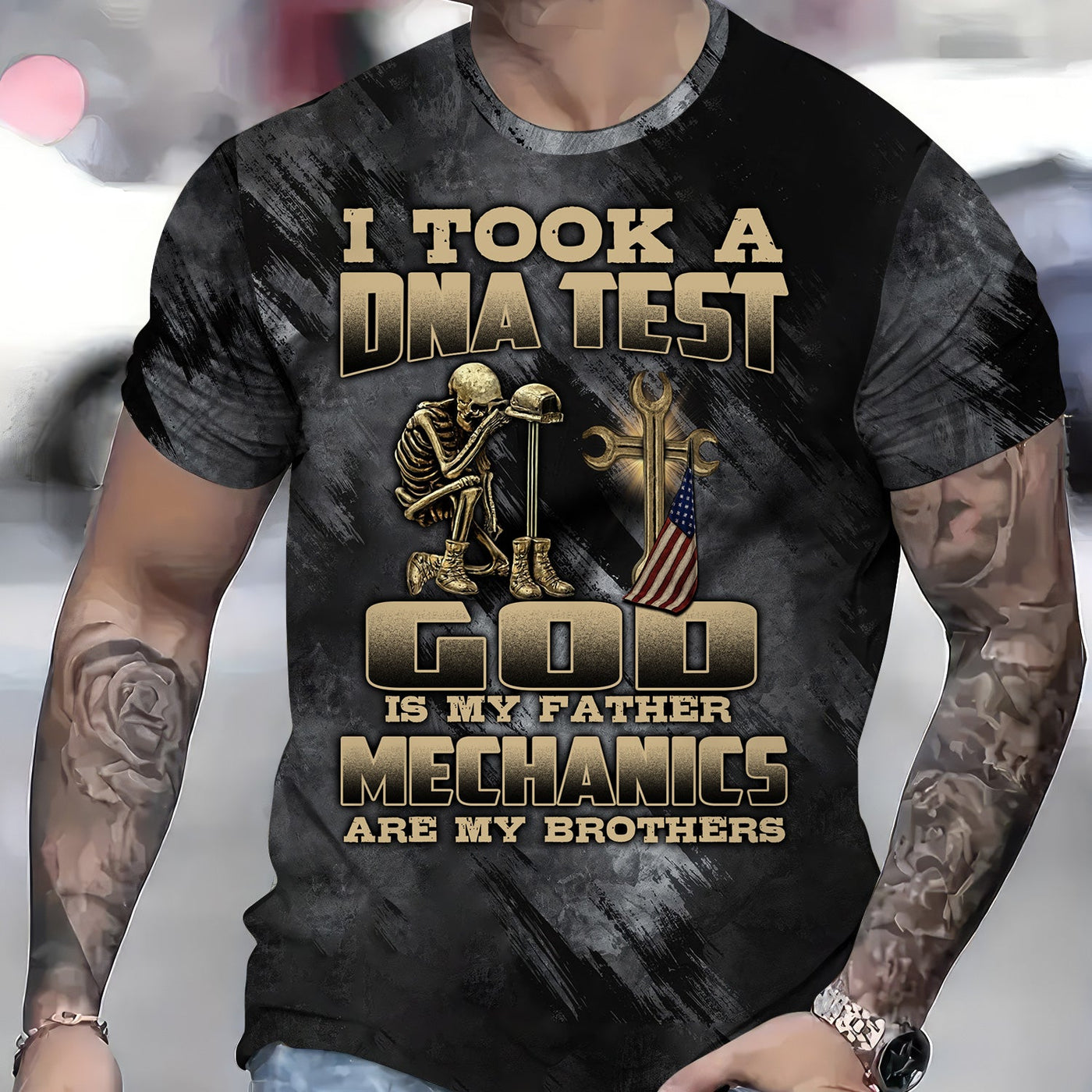 Blisscorners Mechanic T-Shirt, DNA Test Quote, God Father, Mechanics Brother, Funny Skeleton & Cross Design, Unique Gift for Mechanics & Fathers