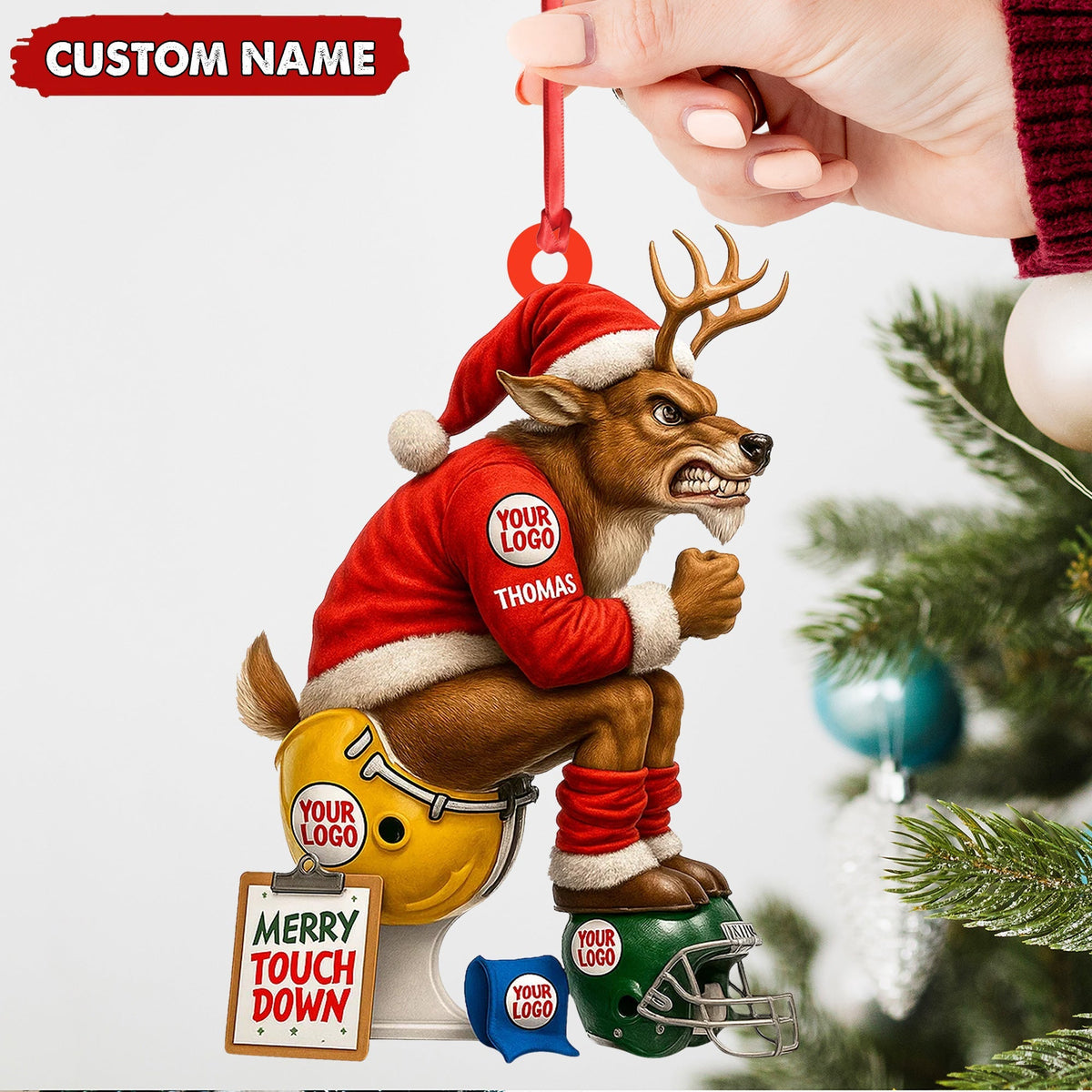 Blisscorners Personalized Football Christmas Ornament, Custom Reindeer Santa Touchdown Decoration, Funny Custom Name Team Logo Gift