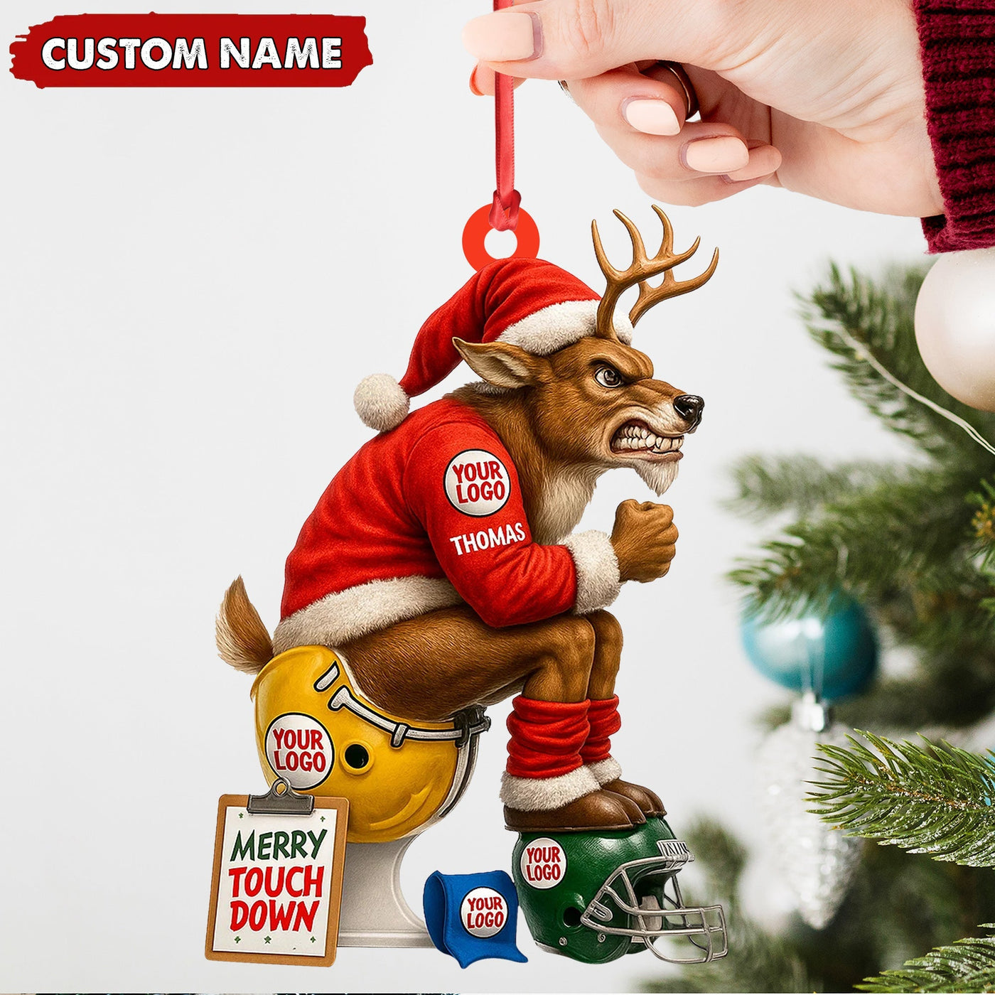 Blisscorners Personalized Football Christmas Ornament, Custom Reindeer Santa Touchdown Decoration, Funny Custom Name Team Logo Gift MT2411