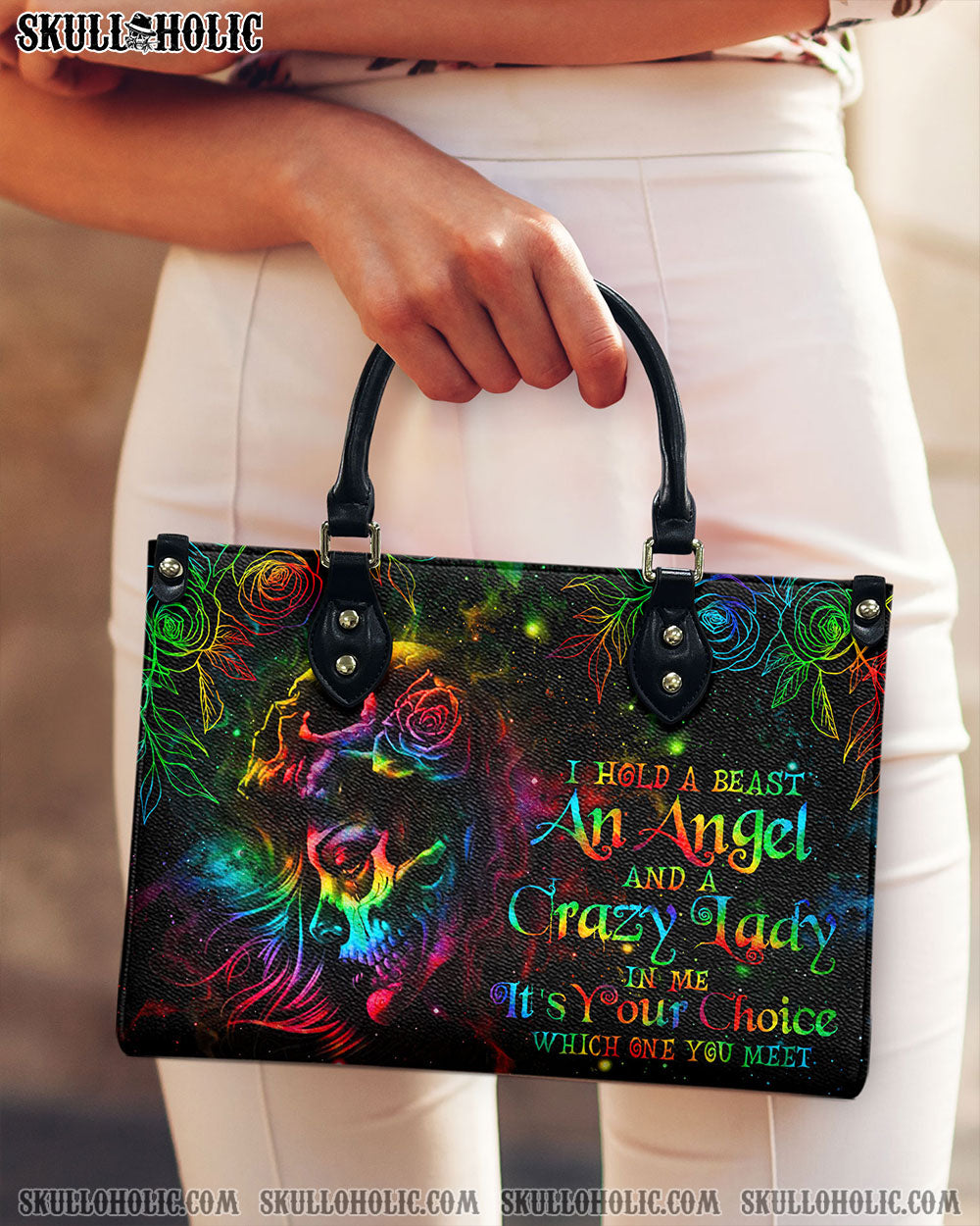 BLISSCORNERS I HOLD A BEAST AN ANGEL SKULL GIRL TIE DYE LEATHER HANDBAG