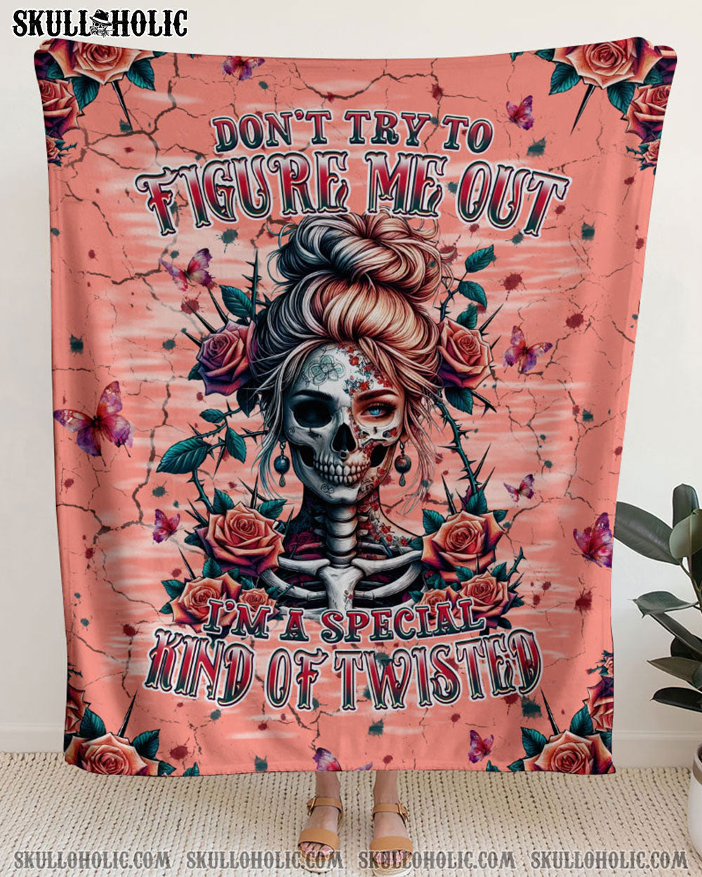 BLISSCORNERS DON'T TRY TO FIGURE ME OUT SKULL LADY WOVEN AND FLEECE BLANKET