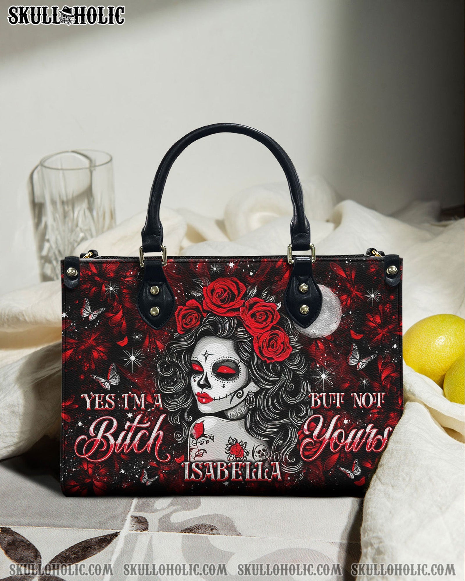BLISSCORNERS YES I'M A B BUT NOT YOURS SUGAR SKULL  LEATHER HANDBAG