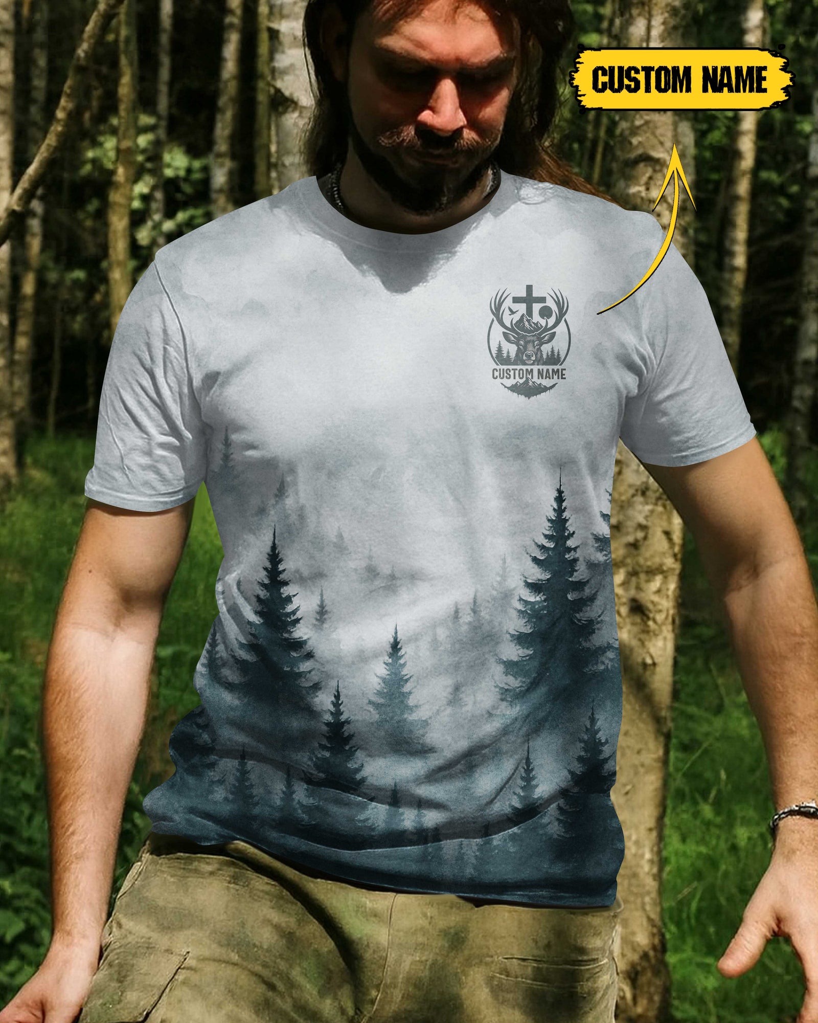 Blisscorners In the Woods I Hunt In the Cross I Trust Custom Name Shirt, Personalized Hunting 3D Shirt