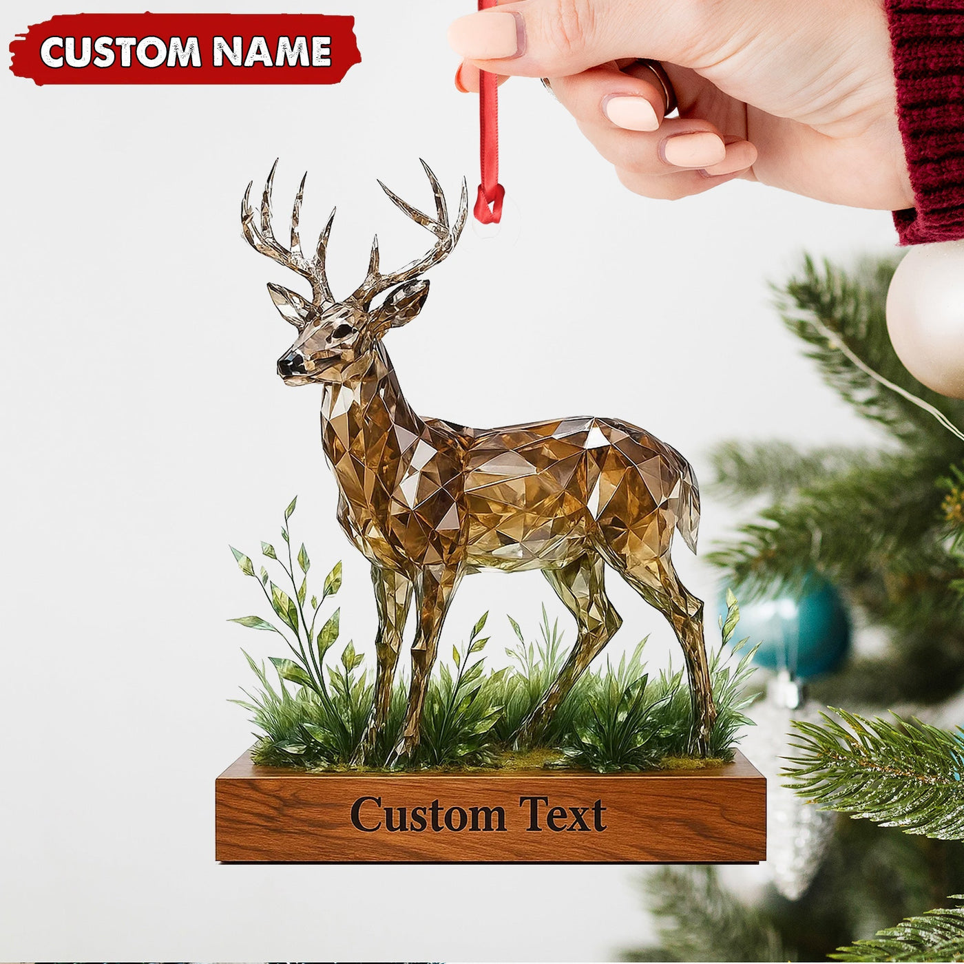 Blisscorners Personalized Geometric Deer Christmas Ornament, Custom Name Buck Hunter Gift, Crystal Style Woodland Holiday Decor MT2411