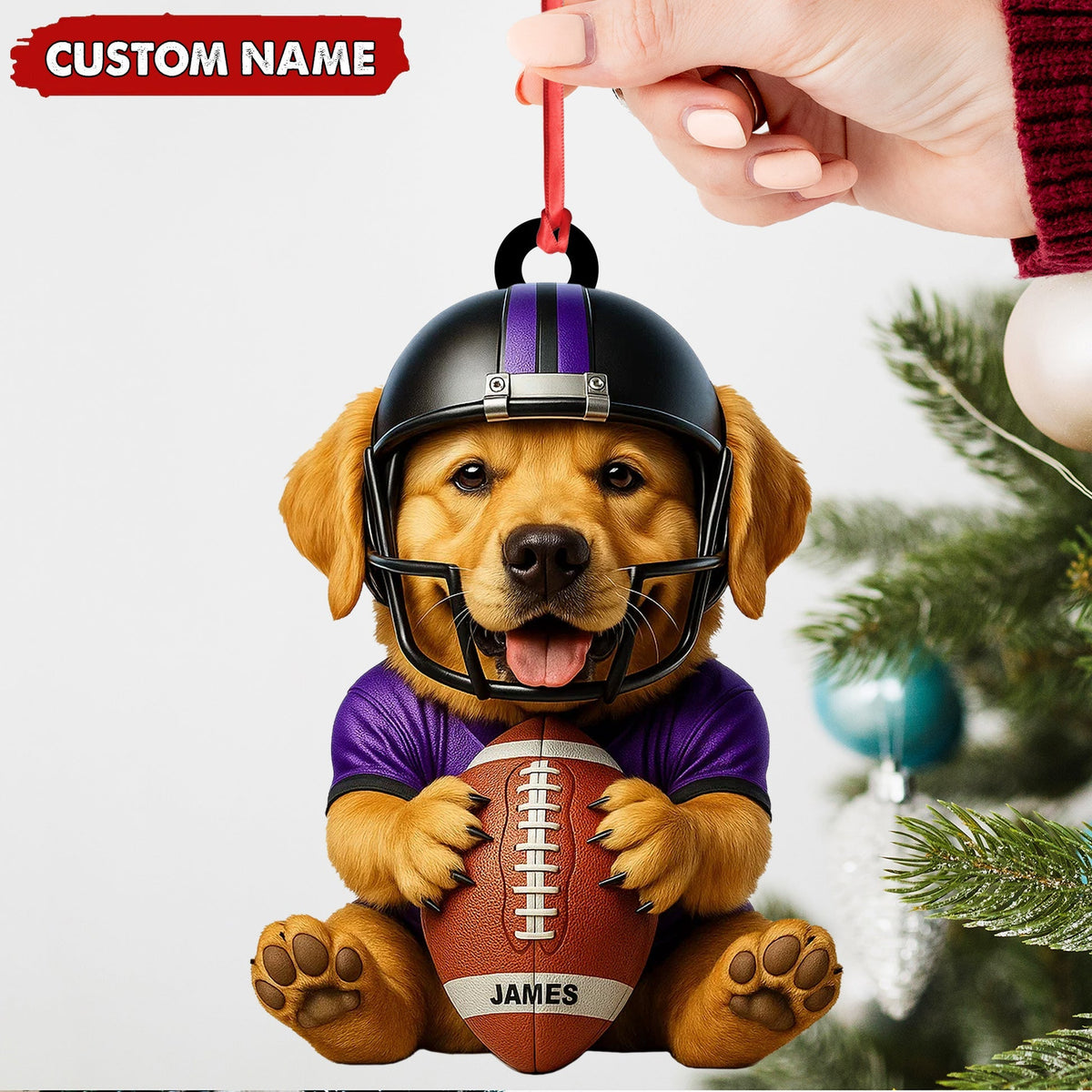 Blisscorners Personalized Football Puppy Christmas Ornament And Keychain, Custom Name Dog in Helmet Holding Ball, Cute Pet Lover Tree Decoration