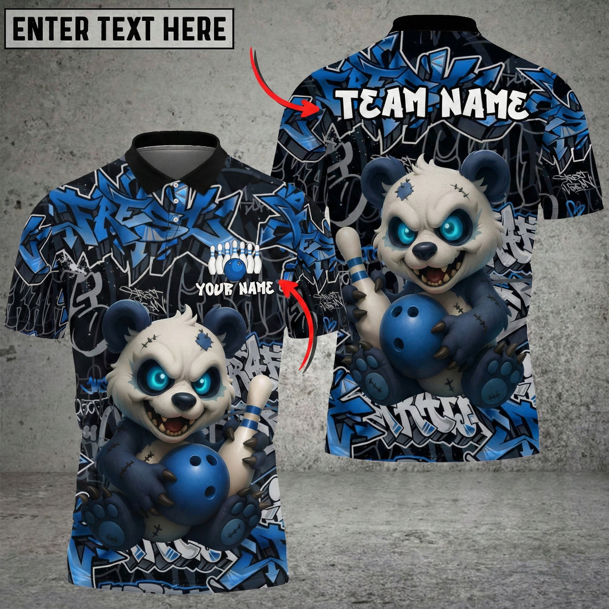 Blisscorners Bowling Graffiti Panda Multicolor Customized Name, Team Name 3D Shirts