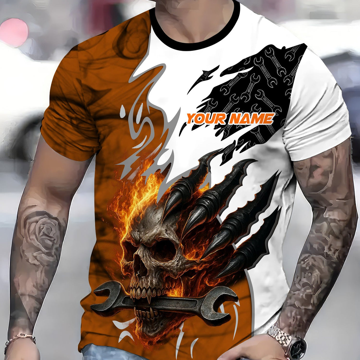 Blisscorners Personalized Mechanic Shirt, Skull Wrench Flame Claw Design, Mechanic Uniforms, Gift For Men