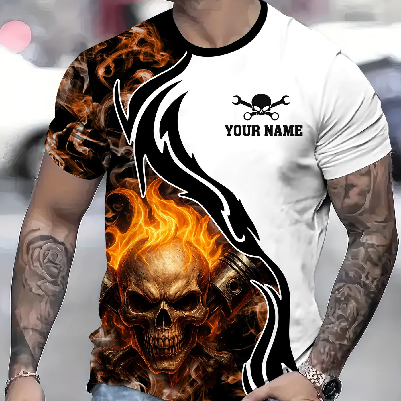 Blisscorners Personalized Mechanic Shirt, Skull Engine Piston Flame Design, Mechanic Uniforms, Gift For Men