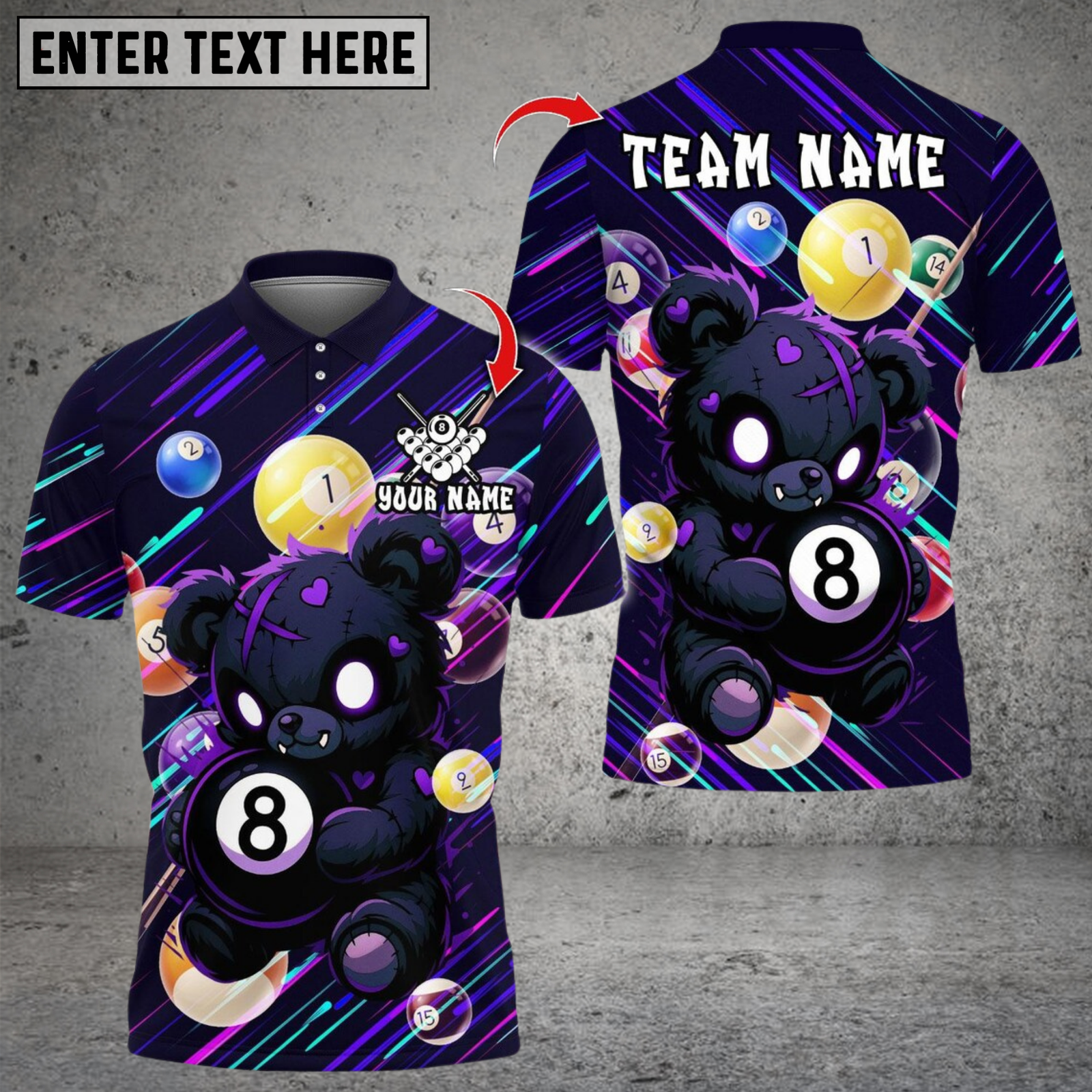 Blisscorners Billiard Scary Teddy Bear With 8 Ball Multicolor Customized Name, Team Name 3D Shirts