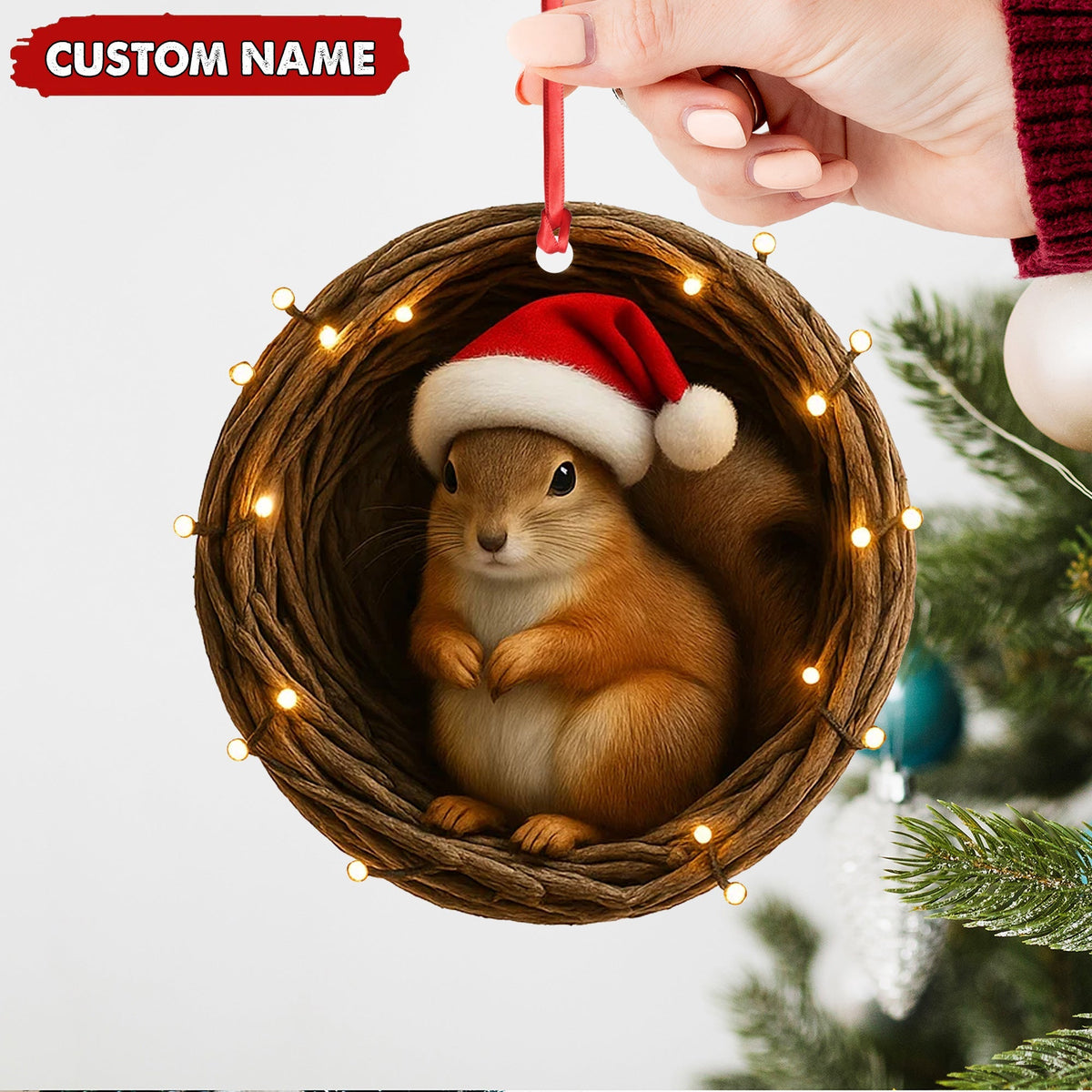 Blisscorners Personalized Squirrel Christmas Ornament, Custom Name Woodland Nest Santa Hat Decoration, Cute Holiday Tree Hanging Gift for Animal Lovers MT2411