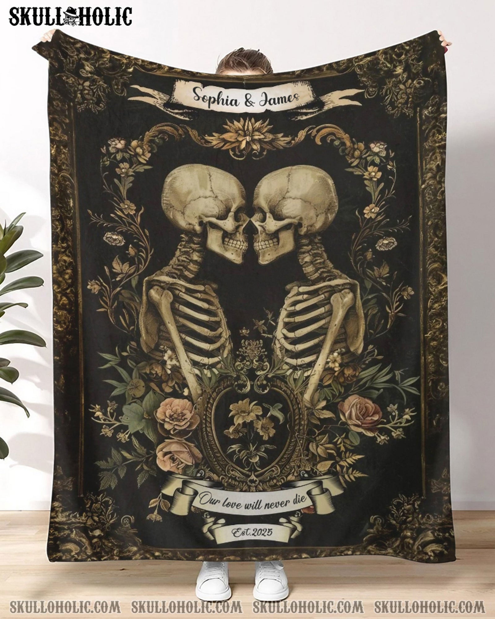 BLISSCORNERS PERSONALIZED SKELETON COUPLE VINTAGE FLEECE BLANKET