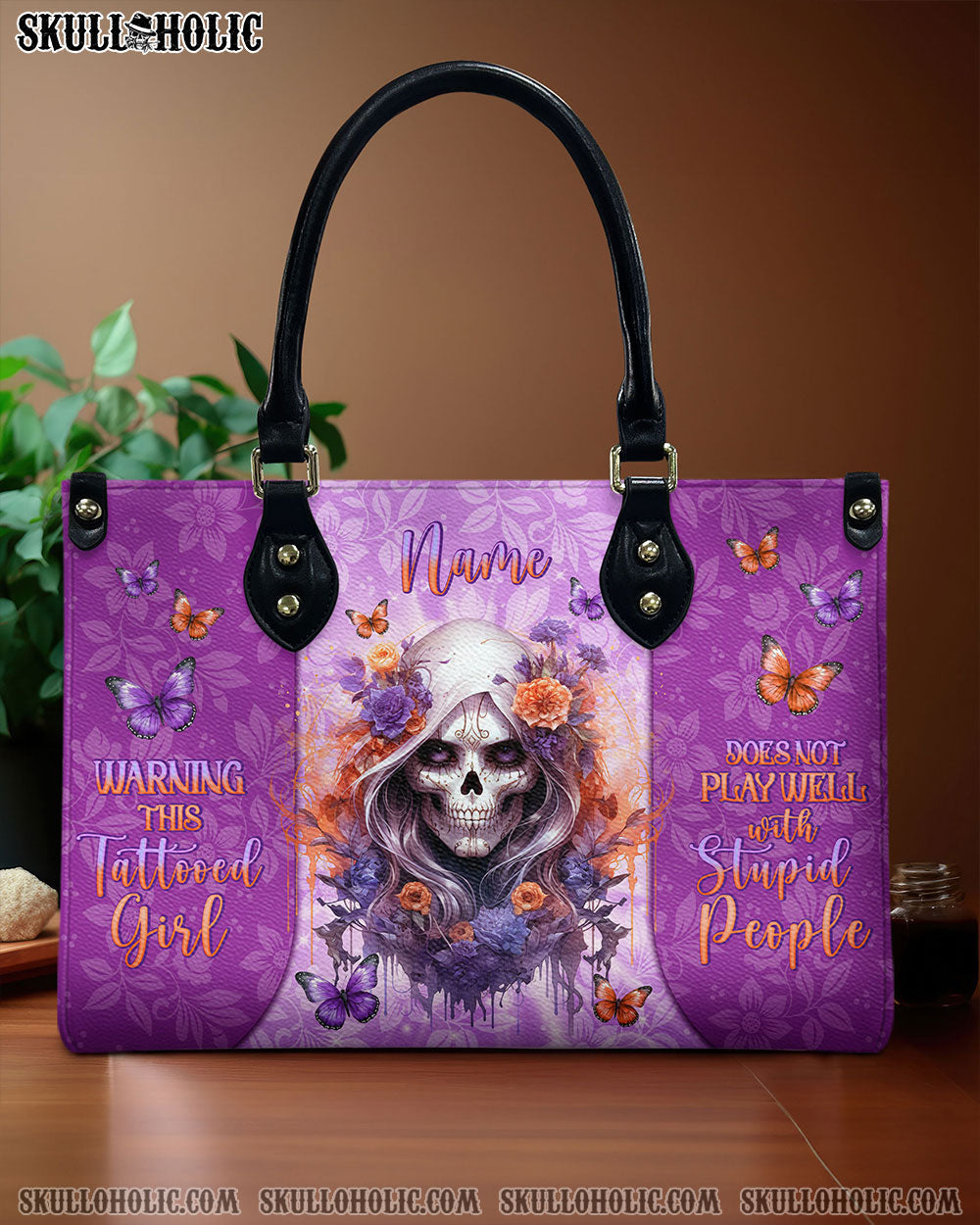 BLISSCORNERS WARNING THIS TATTOOED GIRL SKULL LADY LEATHER HANDBAG