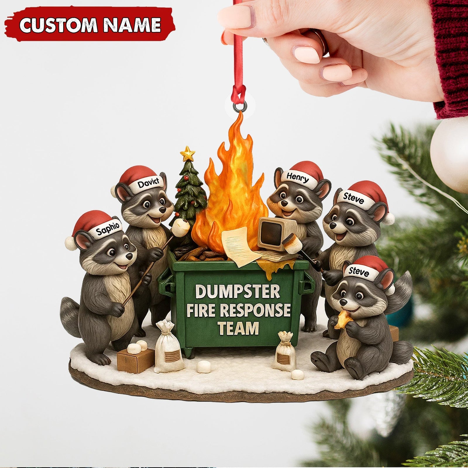Blisscorners Personalized Dumpster Fire Response Team Christmas Ornament, Custom Name Raccoon Office Crew Gift, Funny Workplace Dumpster Fire Holiday Decor MT2411