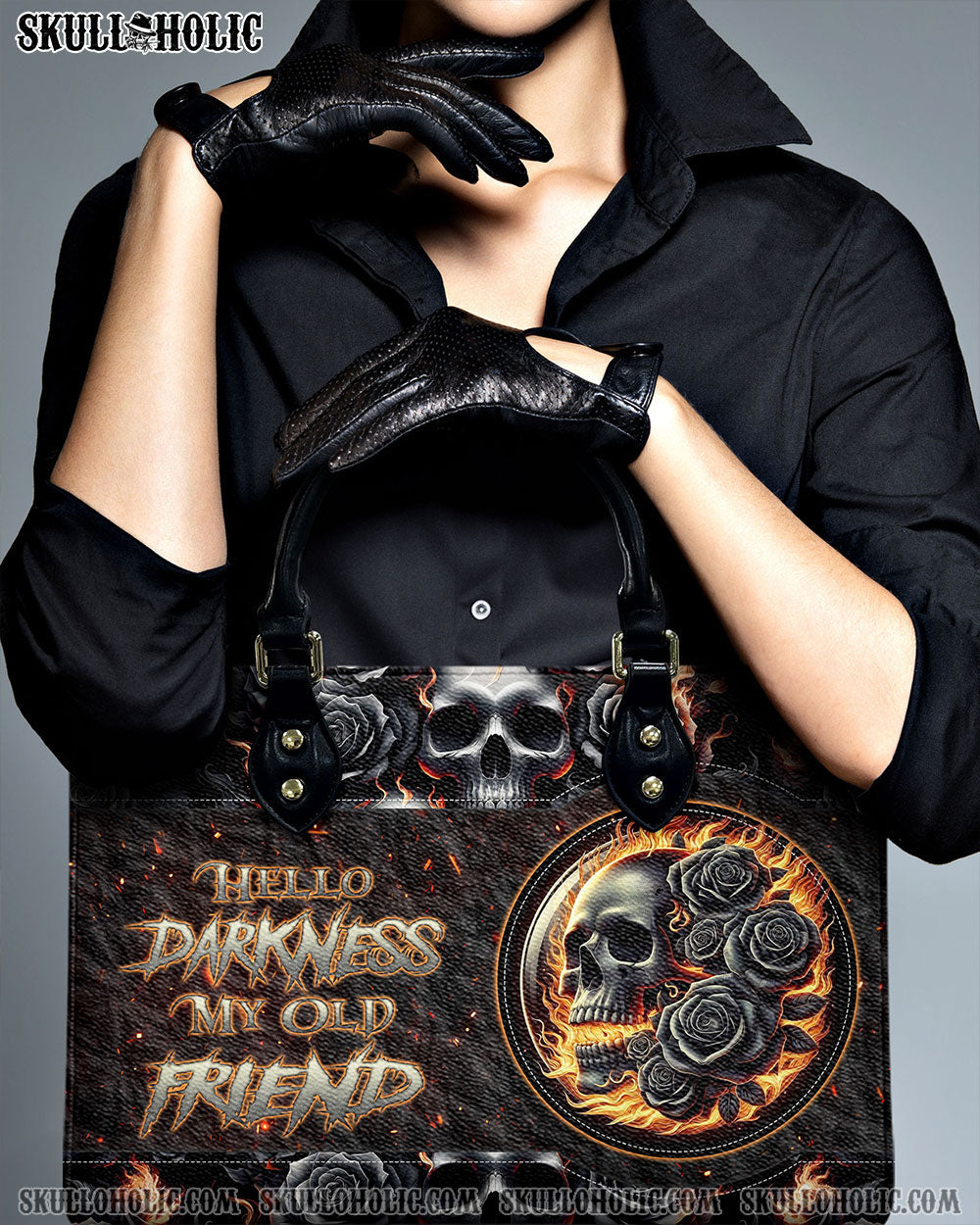 BLISSCORNERS HELLO DARKNESS MY OLD FRIEND SKULL ROSE FIRE LEATHER HANDBAG