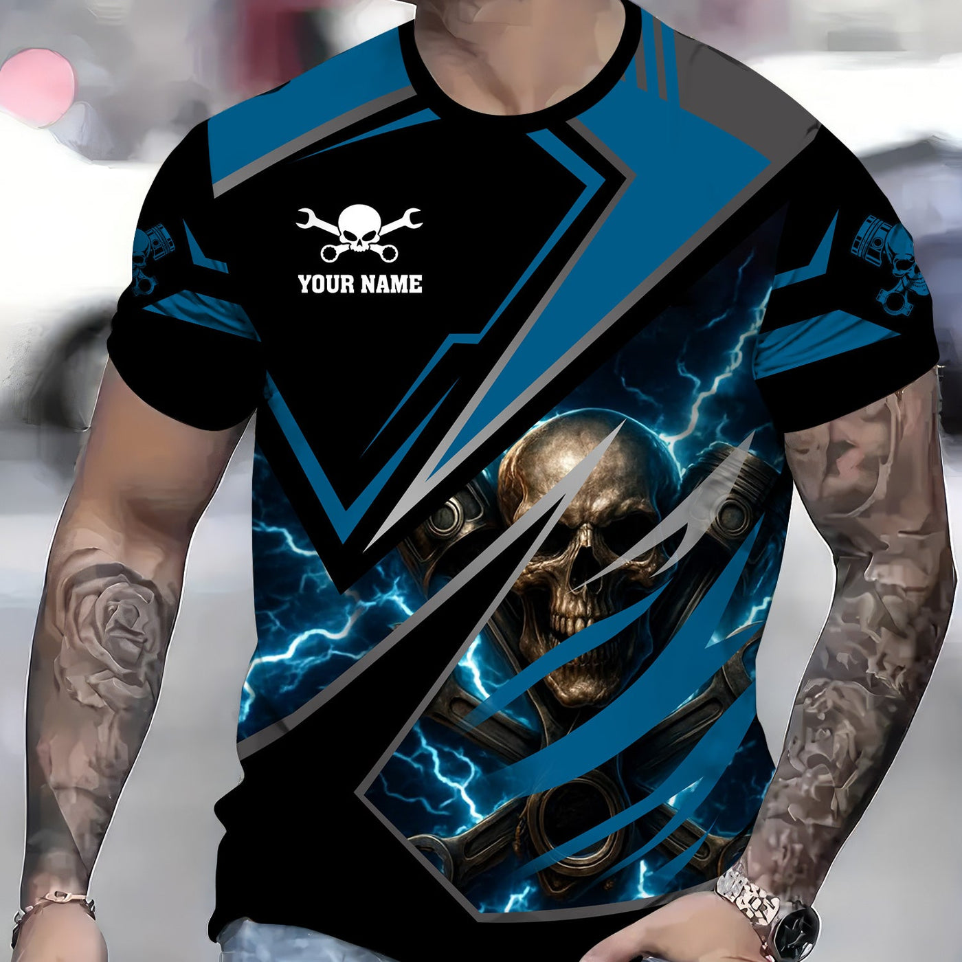 Blisscorners Personalized Mechanic Shirt, Skull Engine Piston Wrench Lighting Design, Mechanic Uniforms, Gift For Men
